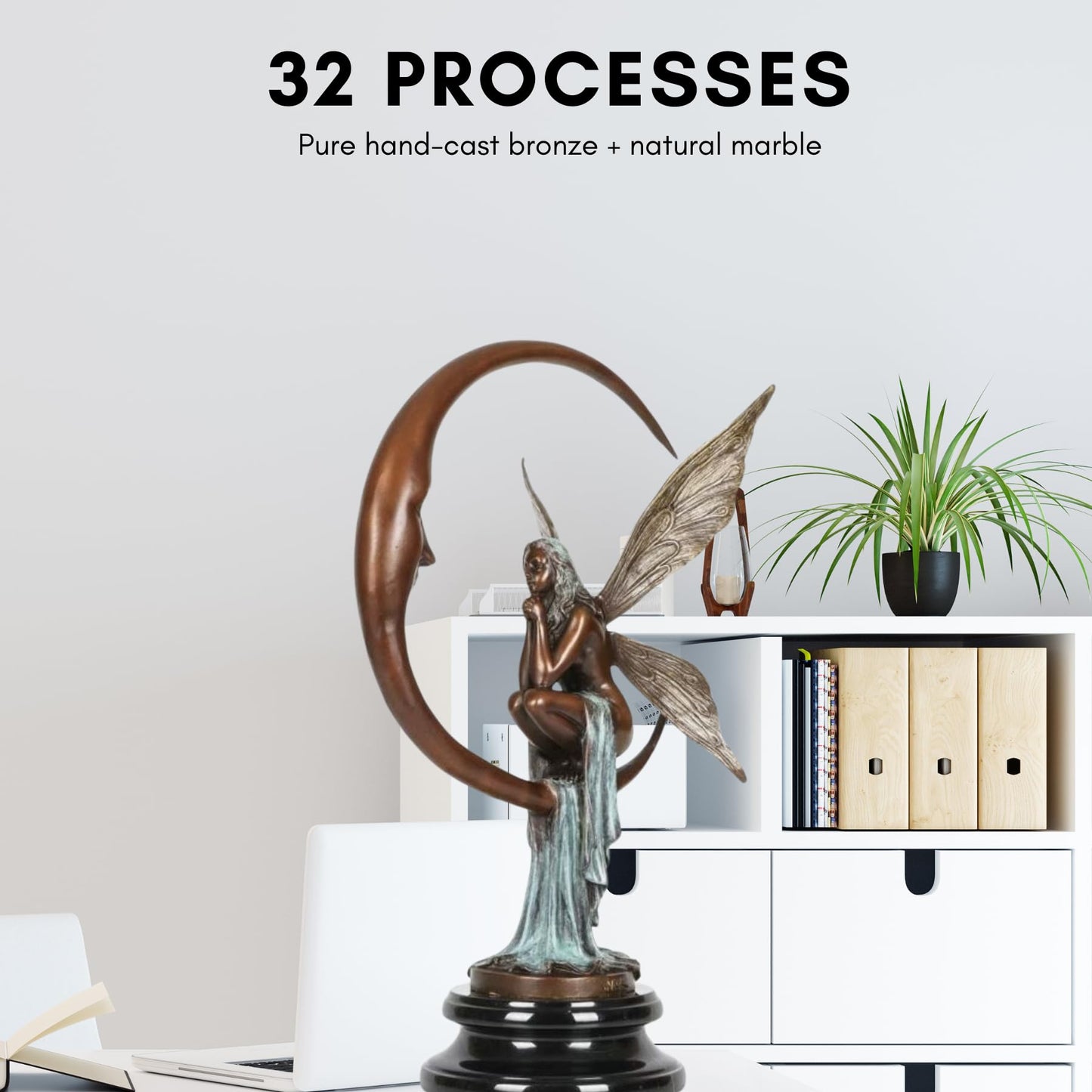 Bronze Fairy on Crescent Moon Sculpture – 15.7” Tall Solid Bronze Art Statue with Natural Marble Base, Handcrafted Lost-Wax Casting for Home, Office, Garden, or Gift Décor