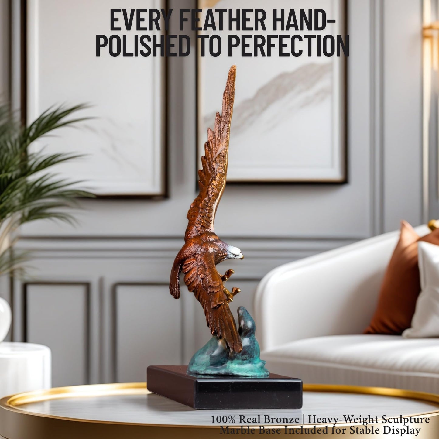 Realong Bald Eagle Bronze Statue,15.1'' Bronze Majestic Eagle Animal Sculpture Art Crafts,Unique Bronze Ornament for Home Office Decor Gift