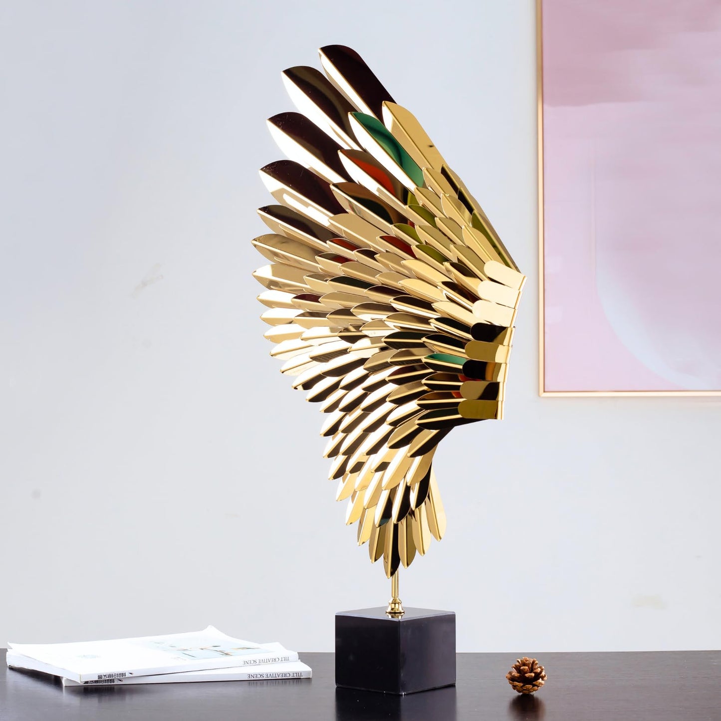 R REALONG Metal Statue for Home Decor-Vintage Style Angel Wings Stainless Steel Sculpture with Marble Base, 30'' Artisanal Design & Handcrafted Metal Art Collection for Hotel,Gallery,Club