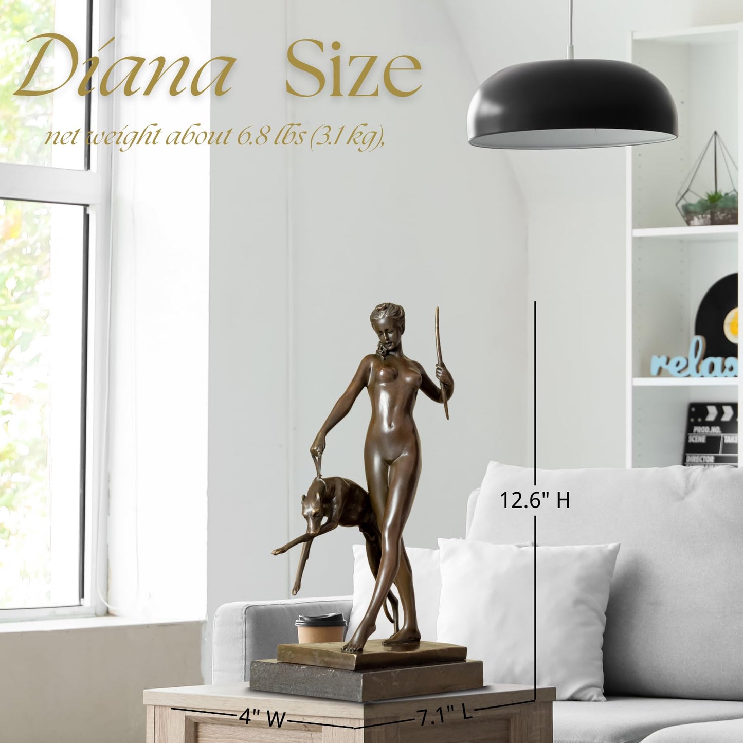 R REALONG Bronze Diana The Huntress Sculpture – 12.6'' Roman Goddess Statue with Hound on Marble Base – Handmade Lost-Wax Cast Figurine for Mythology Art, Home Office Decor, Collector Gift
