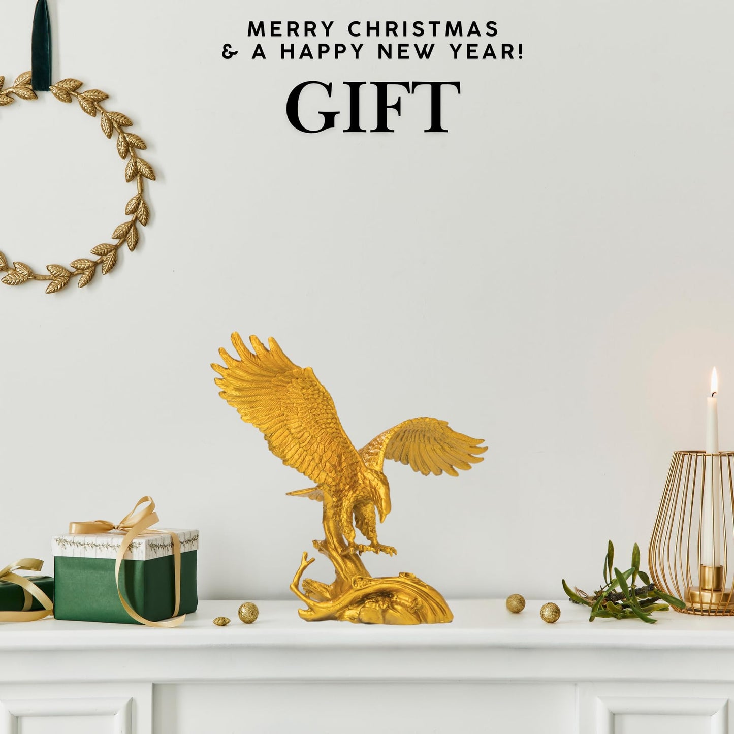 R REALONG 9.1" L Gold Brass Eagle Spread Wings Statue e-Solid Bronze Eagle Sculpture Modern Home Office Art Decor Desktop Decoration.