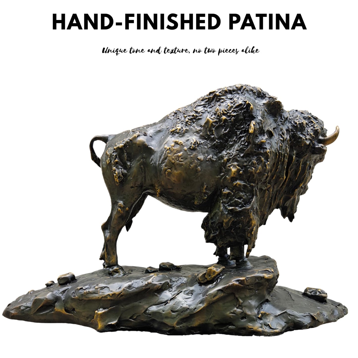 Large Bronze Bison on Rocky Base – 24.8'' American Buffalo Statue, Pure Hand-Cast Lost-Wax Bronze Wildlife Sculpture for Lodge, Gallery, or Western Decor