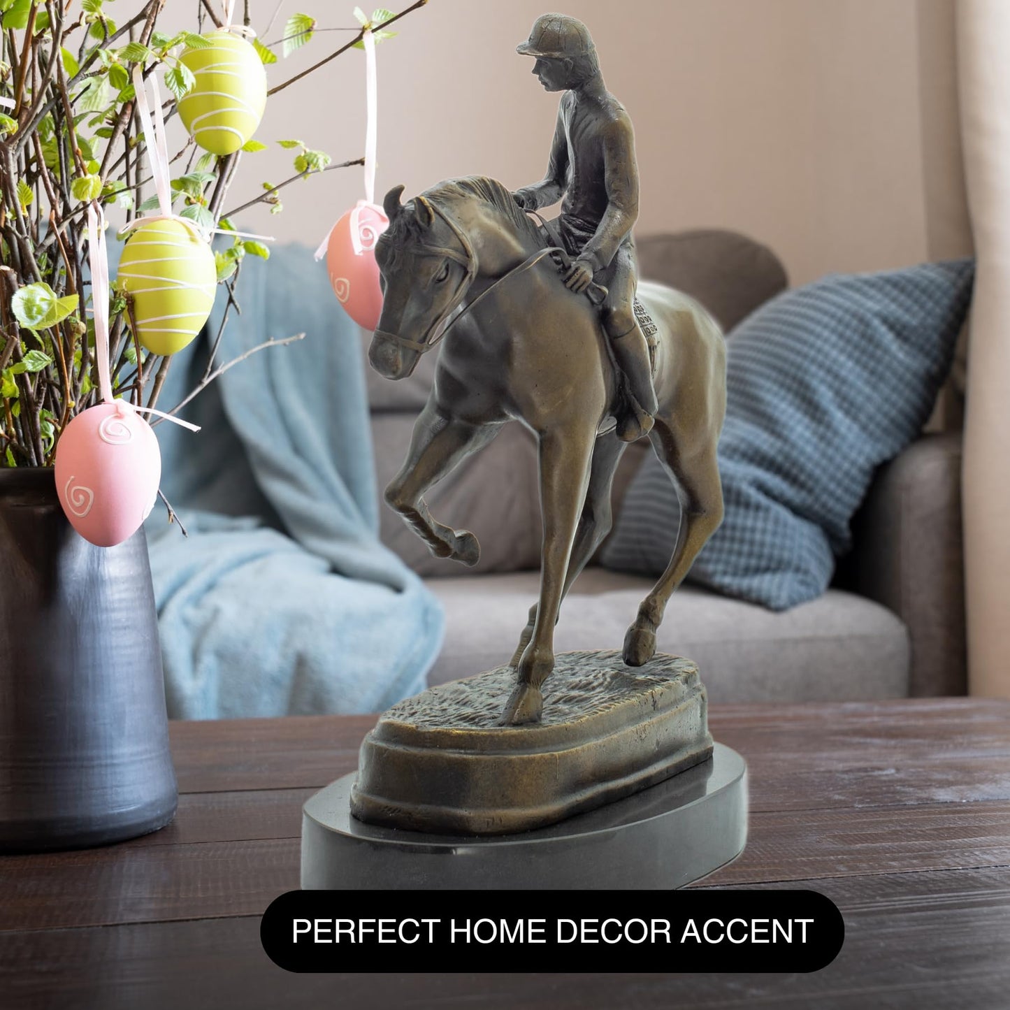 R REALONG Bronze Jockey Polo Academy Racing Riding Horse Statue - Fine Home Decor Accent, Perfect for Equestrian Enthusiasts and Art Collectors, RL-TD403-3963