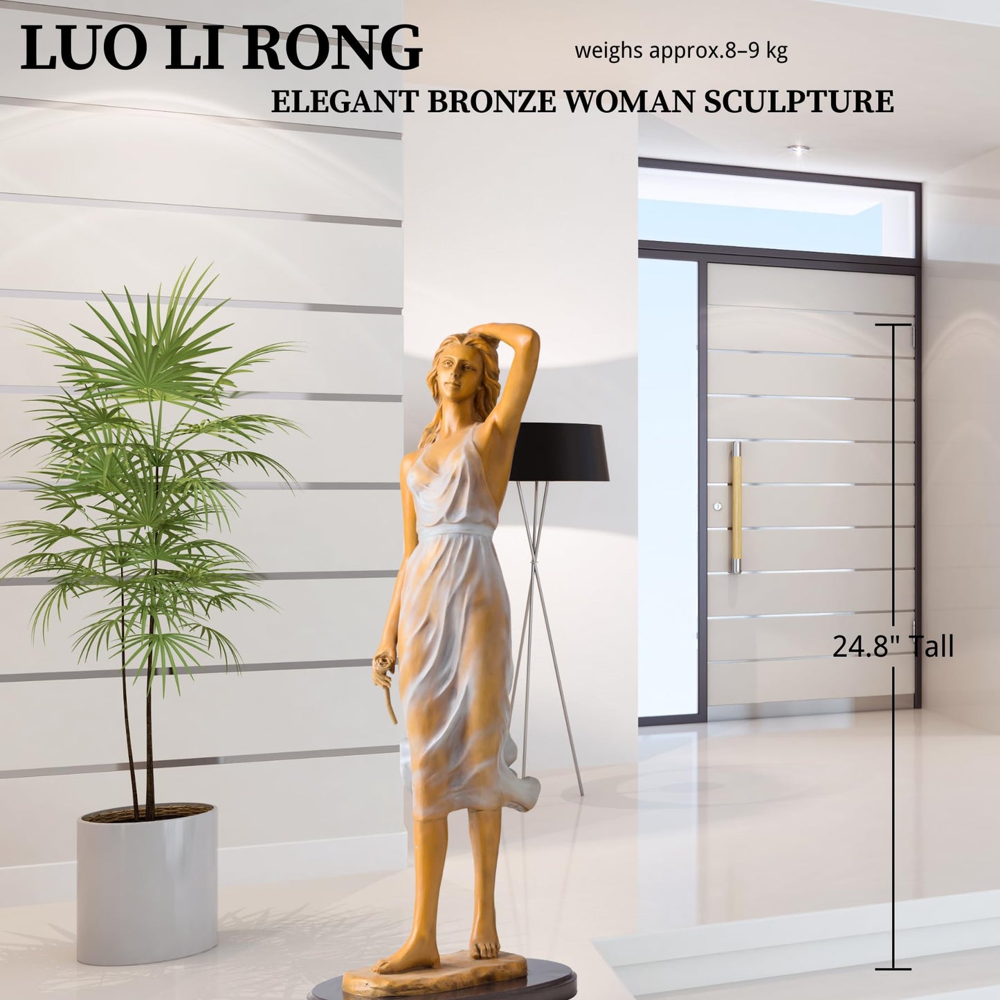 Elegant Bronze Woman Sculpture – 24.8" Tall Luo Li Rong Style Statue with Flowing Sheer Dress – Hot-Cast Solid Bronze Female Figurine – Graceful Home Art Decor for Living Room, Gallery, or Gift