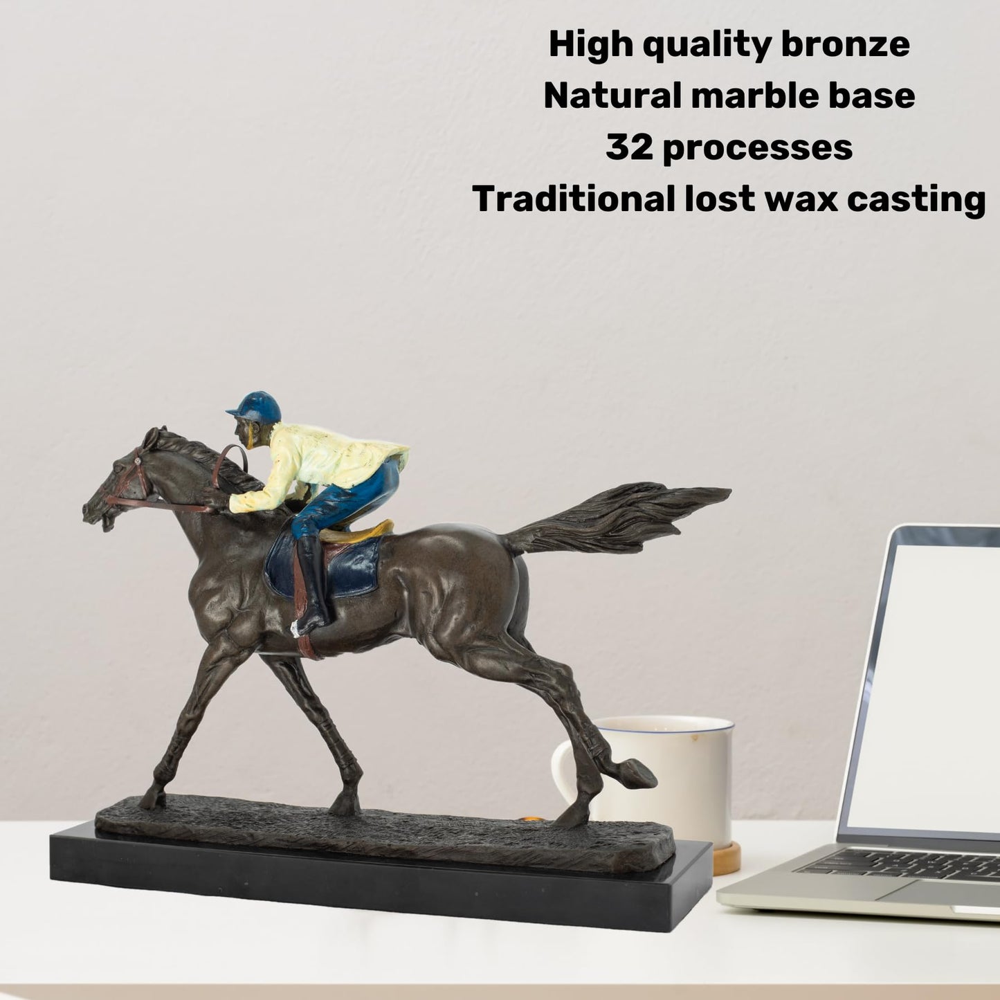R REALONG Jockey Riding Horse Bronze Statue - Hand-Painted Equestrian Art Sculpture, Perfect for Horse Racing Enthusiasts and Home Decor, RL-TD403-3948