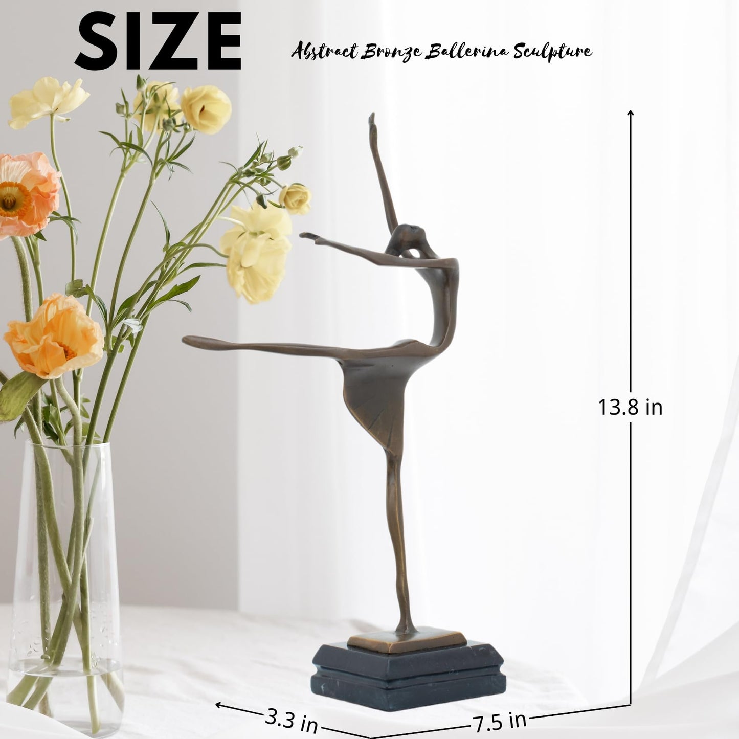 Abstract Bronze Ballerina Sculpture – 13.8” Tall Modern Dancer Statue with Marble Base – Handmade Lost-Wax Cast Bronze Figurine for Home Decor, Art Collection, Ballet Gift