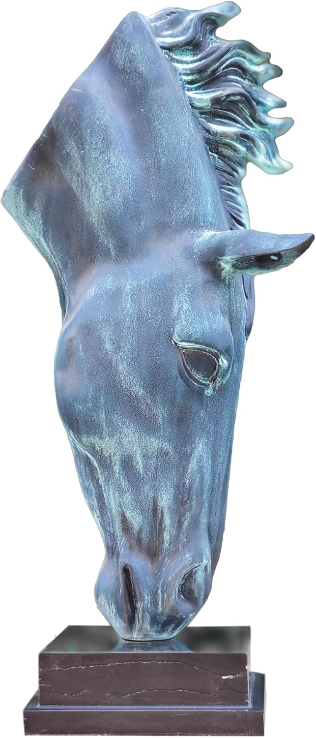 56cm "Still Water" Horse Head Bronze Sculpture - Fluorescent Ocean Blue-Green Patina - 11.5kg Solid Bronze on Natural Marble Base