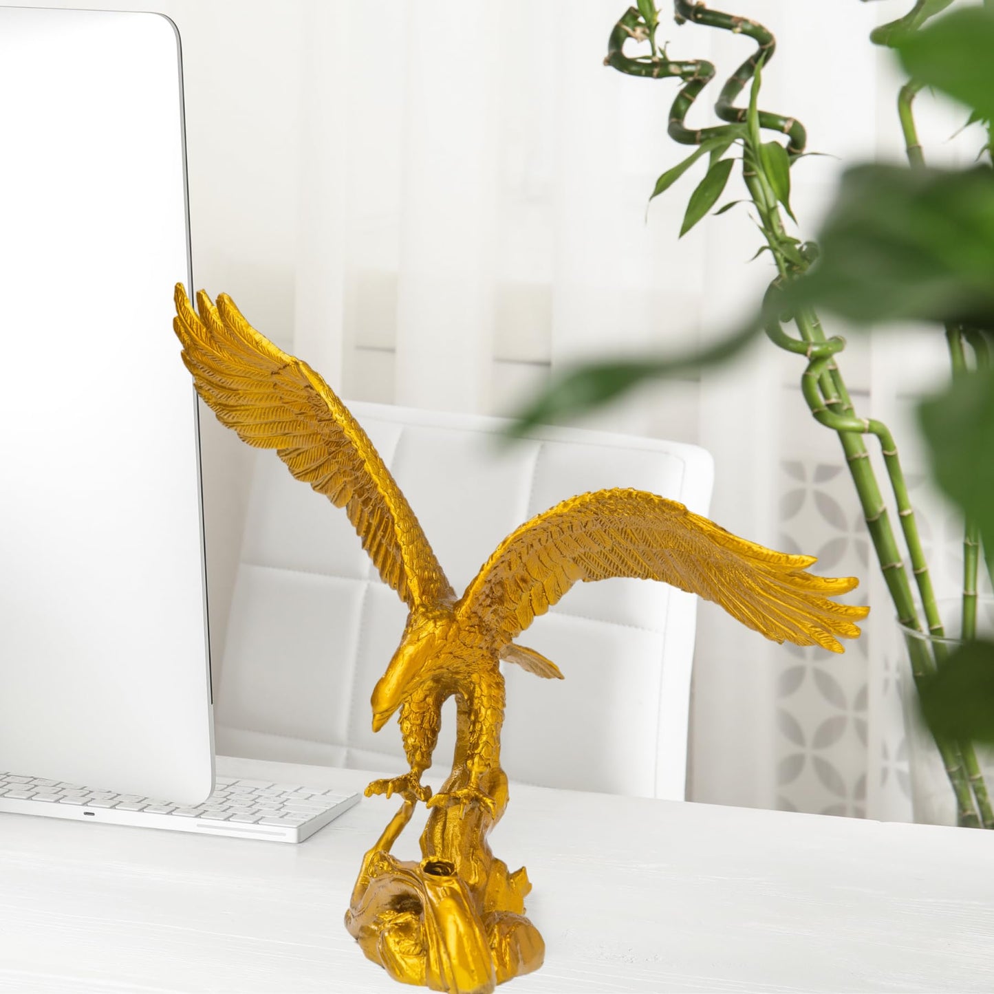 R REALONG 9.1" L Gold Brass Eagle Spread Wings Statue e-Solid Bronze Eagle Sculpture Modern Home Office Art Decor Desktop Decoration.