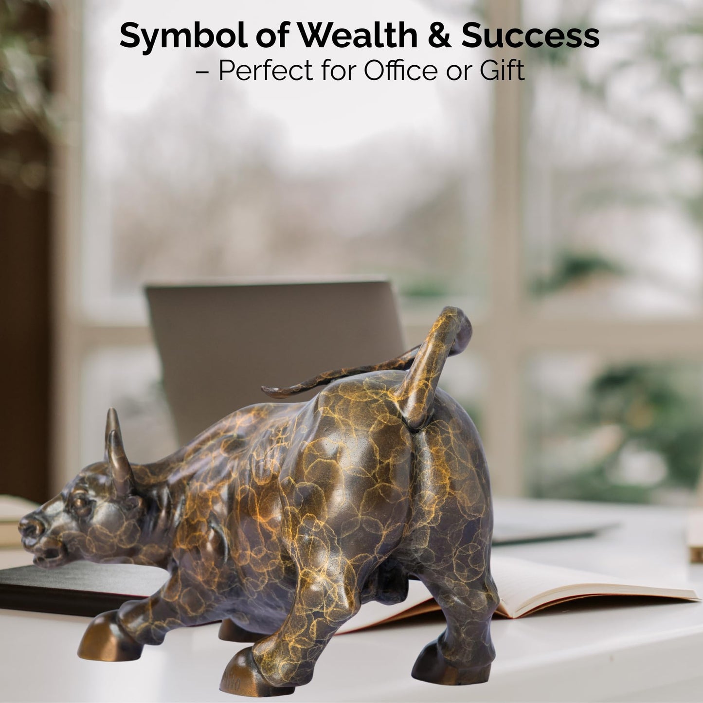 Wall Street Bull Bronze Statue – 11" Charging Bull Sculpture with Unique Crackle Pattern, Solid Brass Ox Figurine, Symbol of Wealth & Prosperity, Office Desk Decor & Business Gift