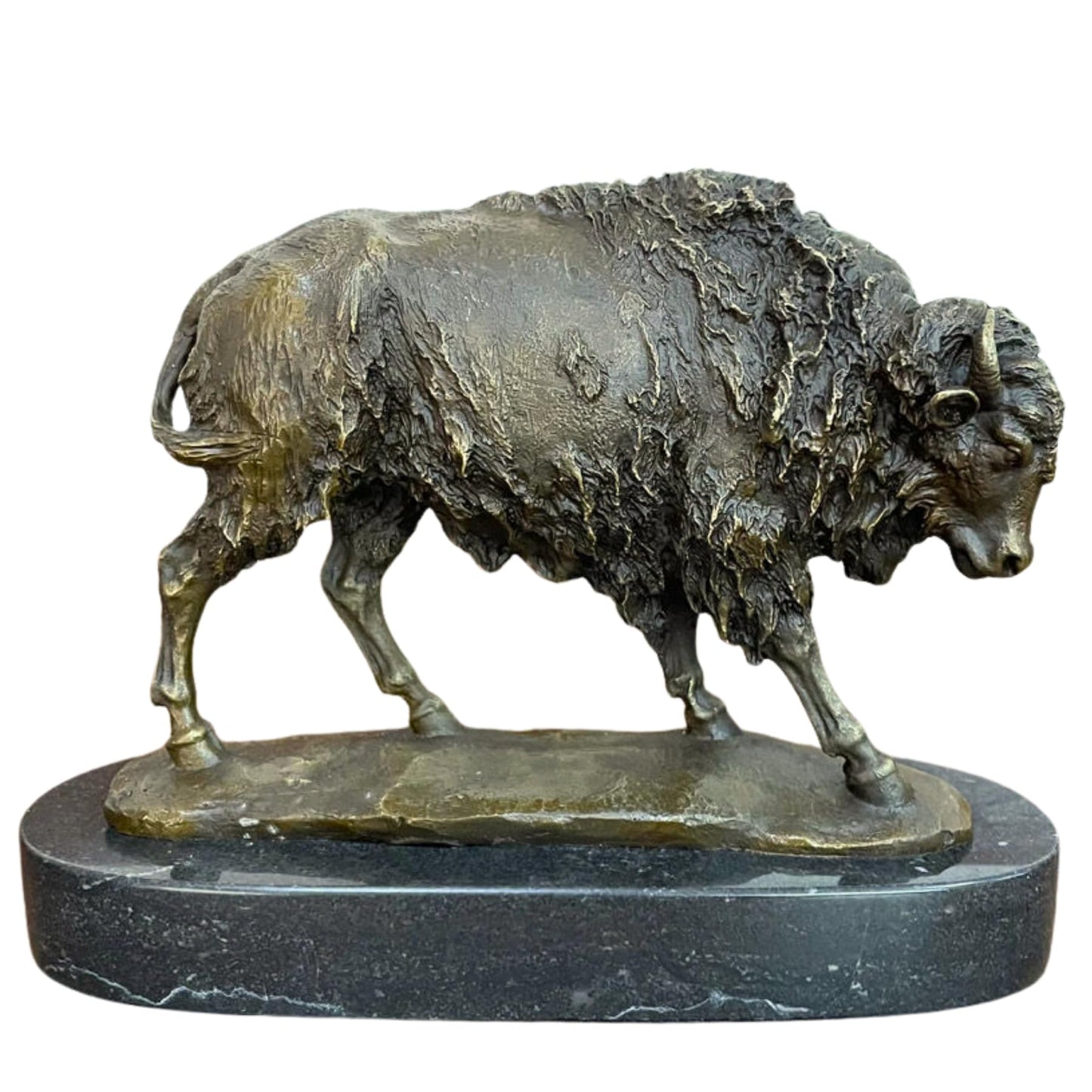 Bronze Bison Sculpture Signed by Barye – 9.8'' Lost-Wax Cast Buffalo Statue on Marble Base – Handmade Wildlife Art Figurine for Western Decor, Office, Collector Gift