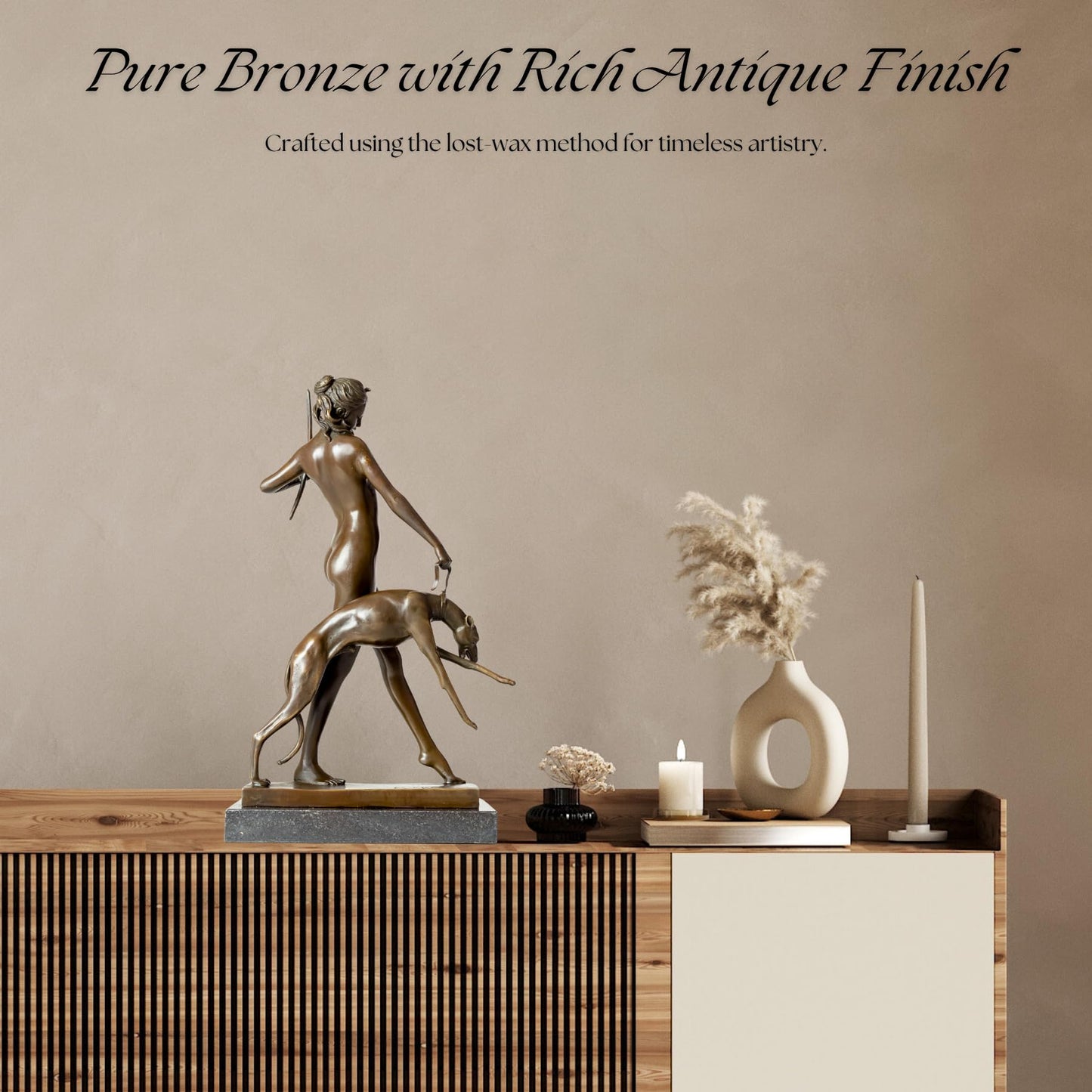 R REALONG Bronze Diana The Huntress Sculpture – 12.6'' Roman Goddess Statue with Hound on Marble Base – Handmade Lost-Wax Cast Figurine for Mythology Art, Home Office Decor, Collector Gift