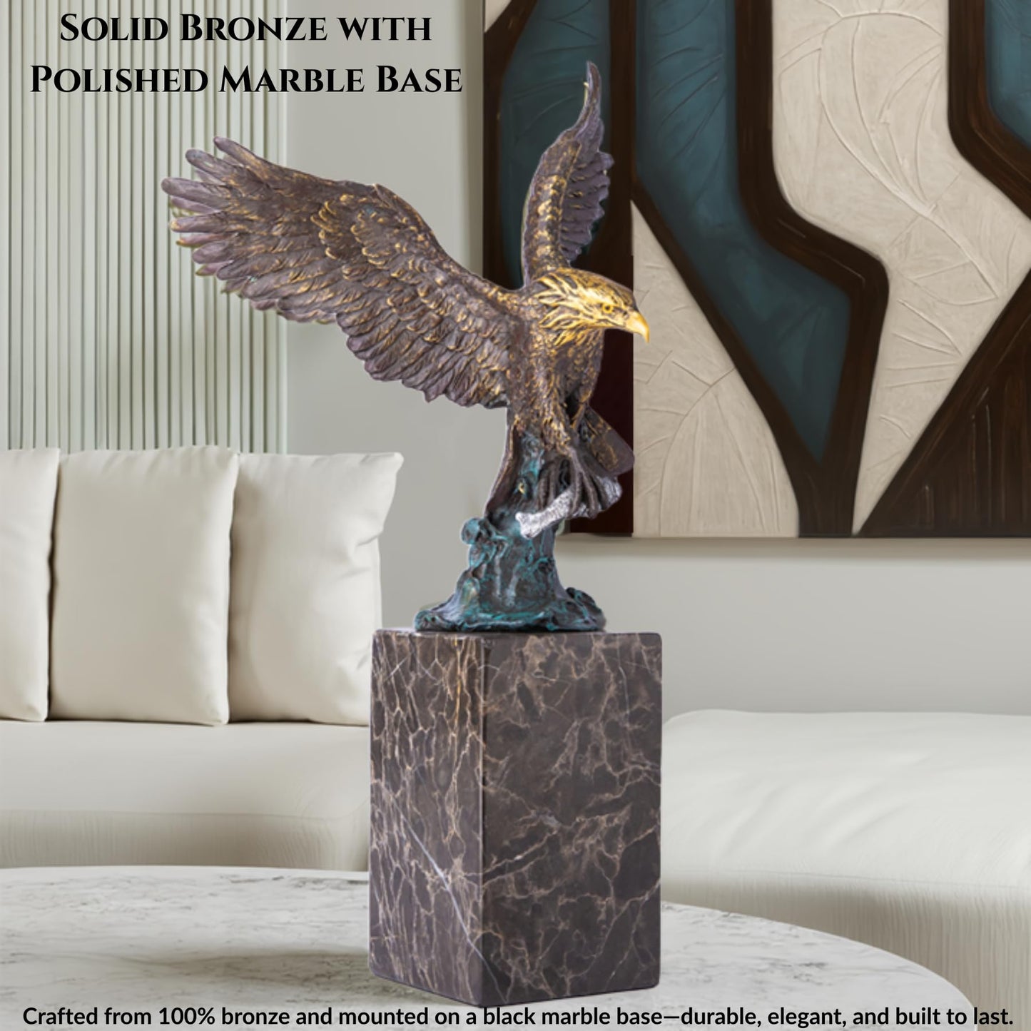 13.8 in-Bronze Swooping Eagle Catching Fish Sculpture – American Bald Eagle Statue with Marble Base, Wildlife Bronze Figurine for Home Decor, Office, Gallery, Gifts and Collectors