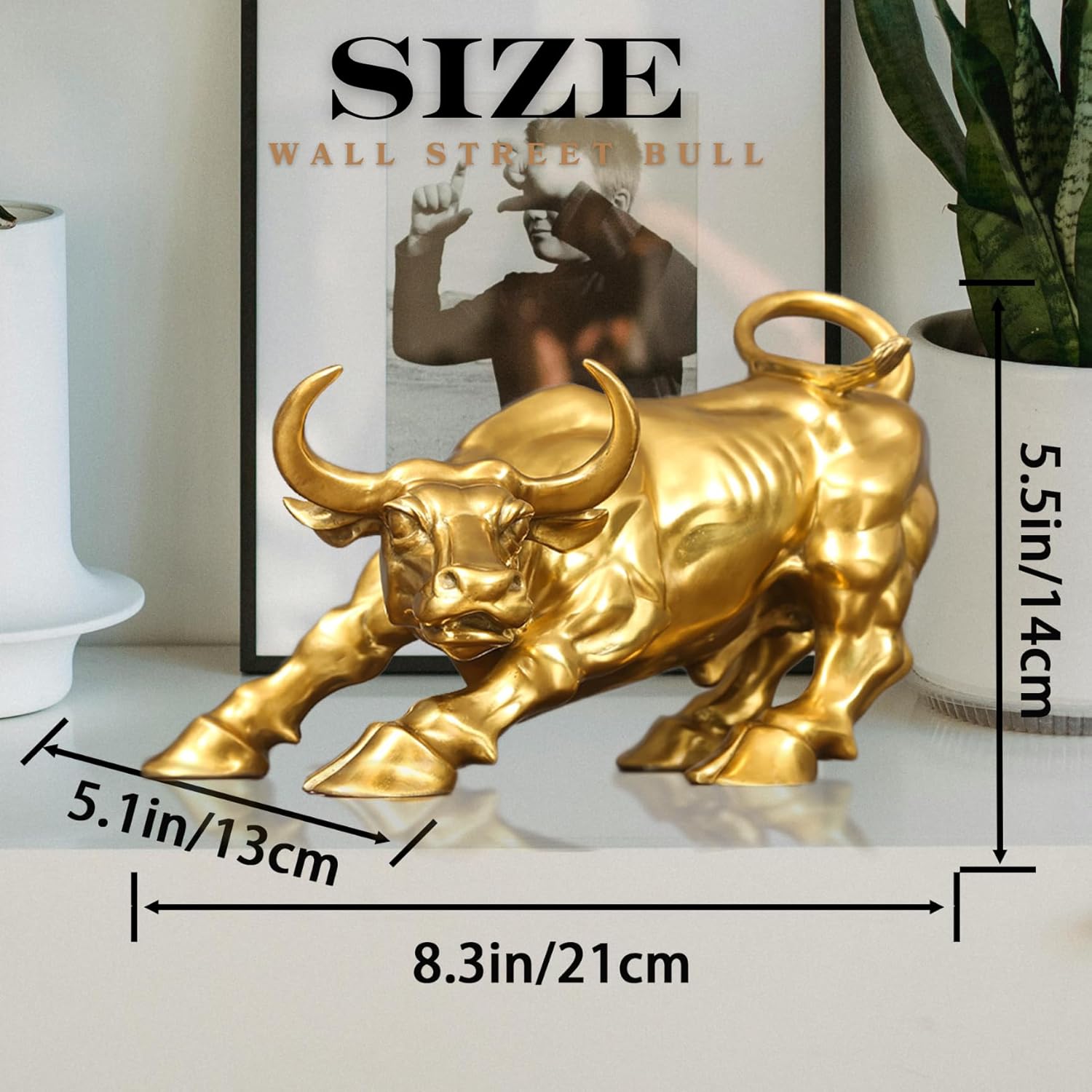 Brass Bull Figurine -Wall Street Bull Art Decor,Bronze Bull/Cow/Ox Figure Statues and Sculptures Home Office Decor (A-Gold)