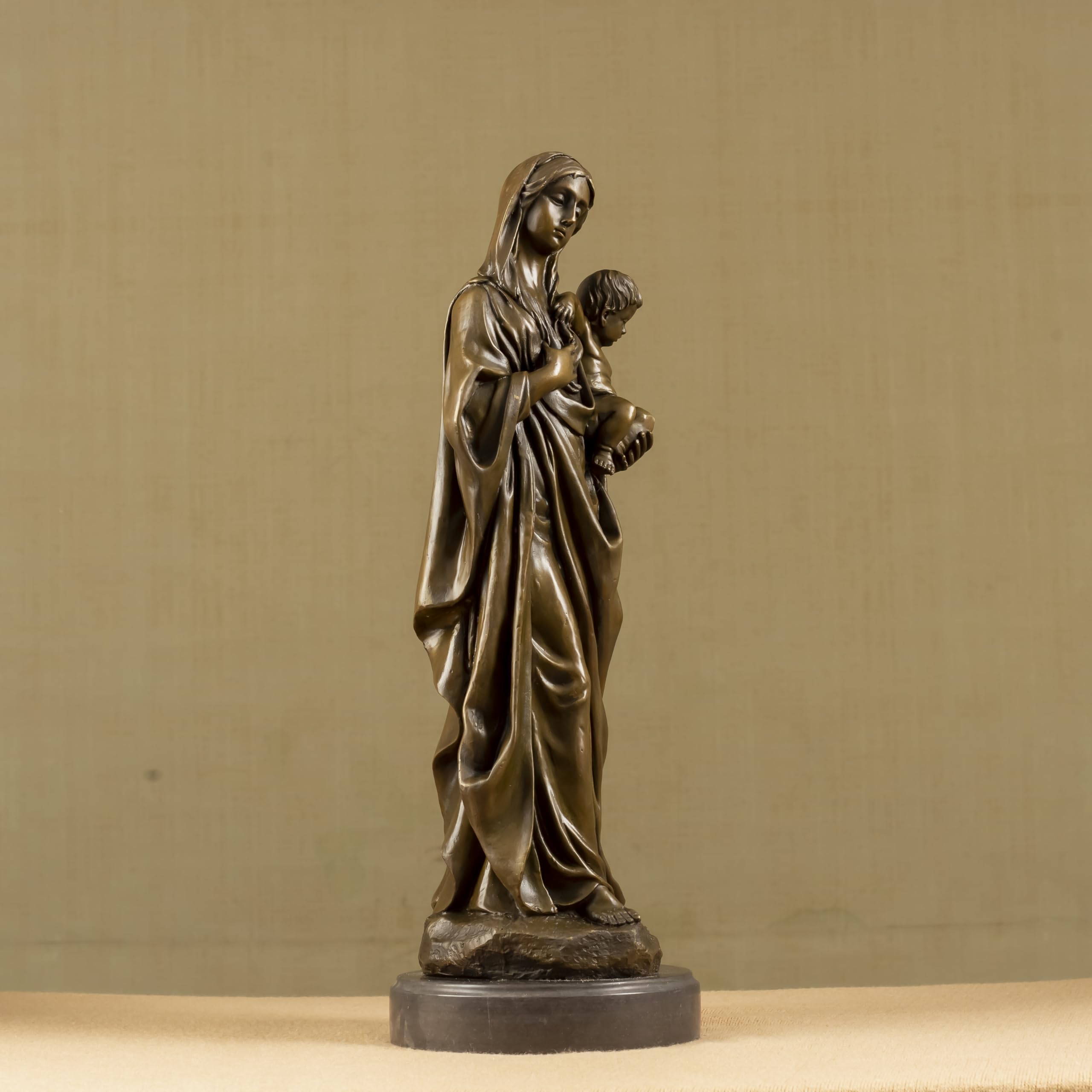 Pure Bronze Madonna and Child Statue - 22.4" Large Handcrafted Blessed Mother & Baby Jesus Sculpture - Premium 28lbs Heavyweight Bronze on Marble Base - Traditional Lost-Wax Casting Religious Art