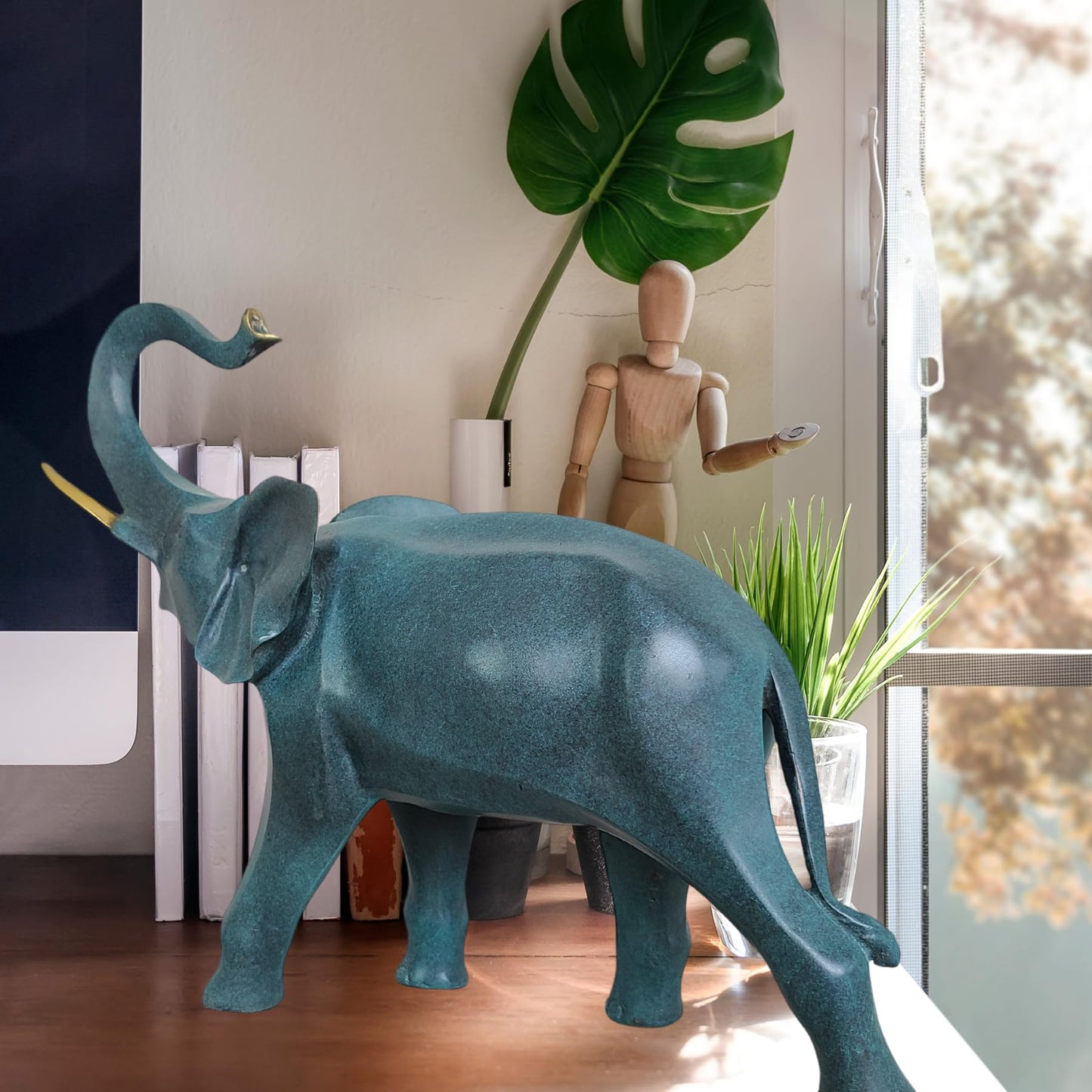 Blue Bronze Elephant Figurine, Pure Brass Wildlife Statues and Sculptures Collectible Decorations, Symbols of Wealth and Luck Gifts