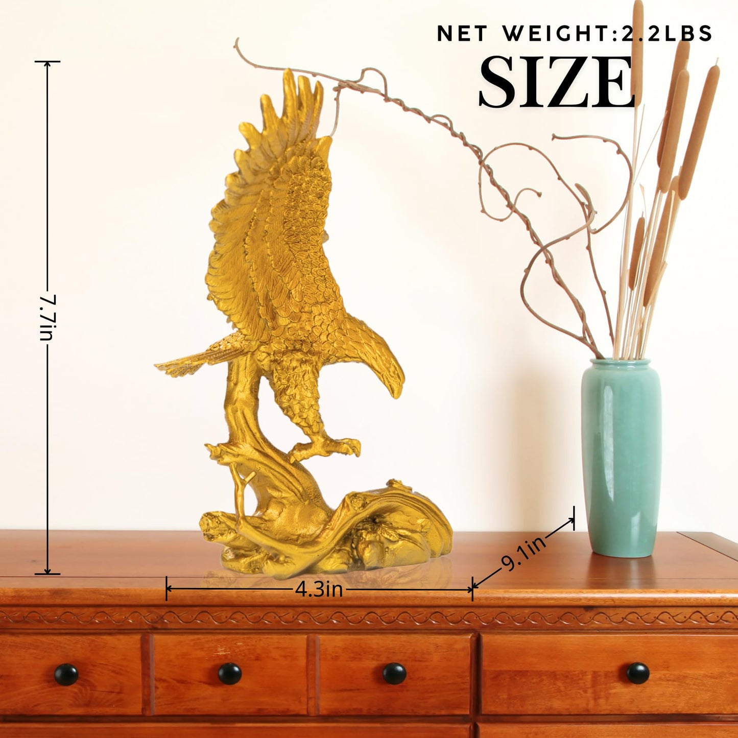 R REALONG 9.1" L Gold Brass Eagle Spread Wings Statue e-Solid Bronze Eagle Sculpture Modern Home Office Art Decor Desktop Decoration.