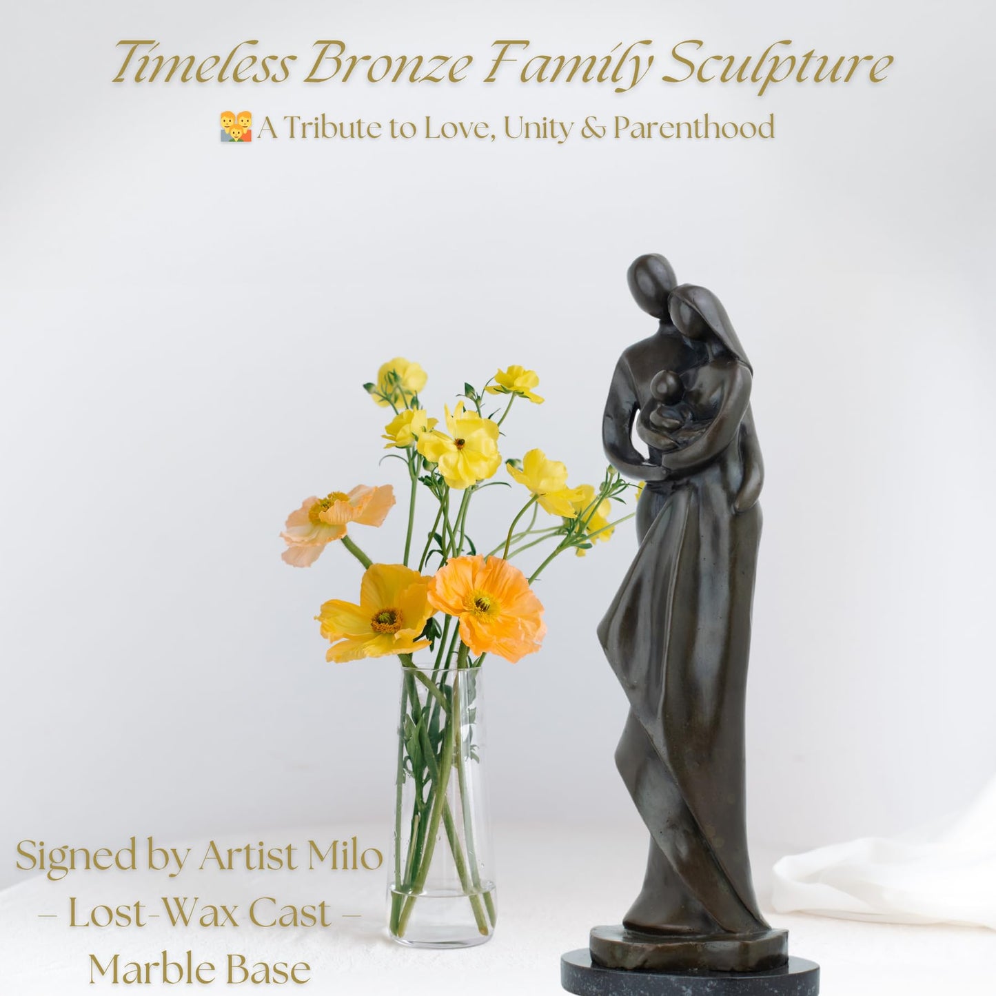 Signed Milo Bronze Family Sculpture – 16.9" Handcrafted Lost-Wax Cast Bronze Statue with Marble Base – Parent and Child Figurine – Warm Home Decor, Collectible, and Gift