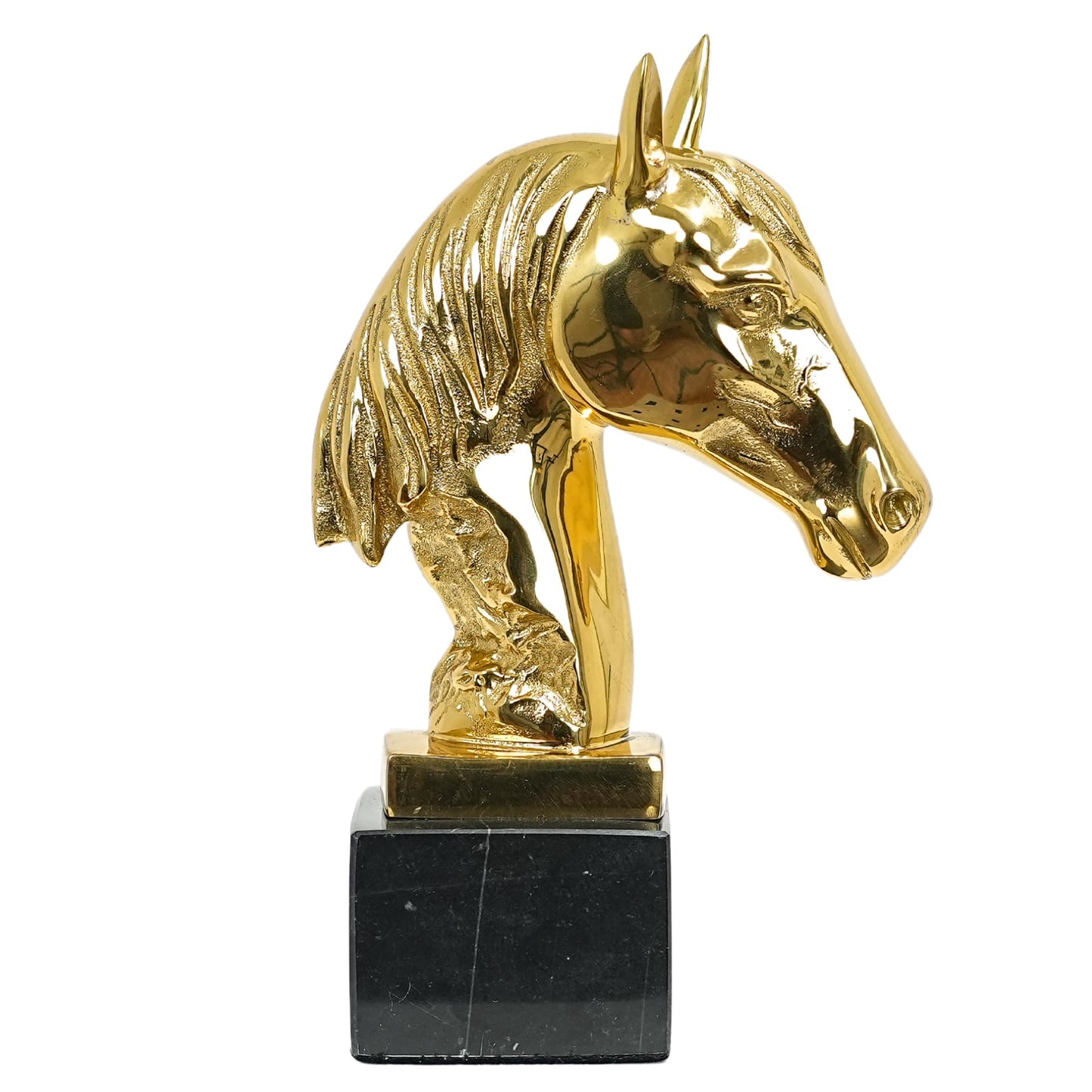 8.3" Golden Bronze Horse Head Sculpture with Black Crystal Base - 100% Handmade Statue Brass Horse Bust Figurine - Luxurious Piece of Art Collectible Decoration or Gifts