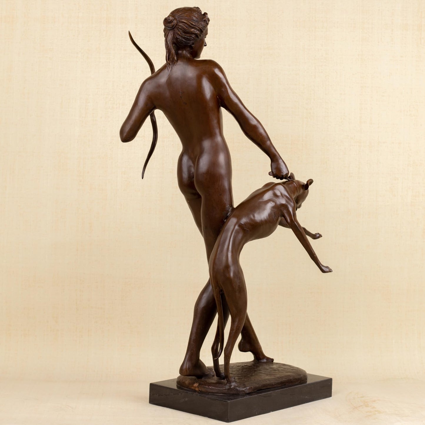 R REALONG Life-Size Diana The Huntress Bronze Sculpture – 31.5'' Roman Goddess Statue with Dog – Lost-Wax Handmade Brown Patina Art for Estate Foyer, Boutique Hotel, Collector Gallery