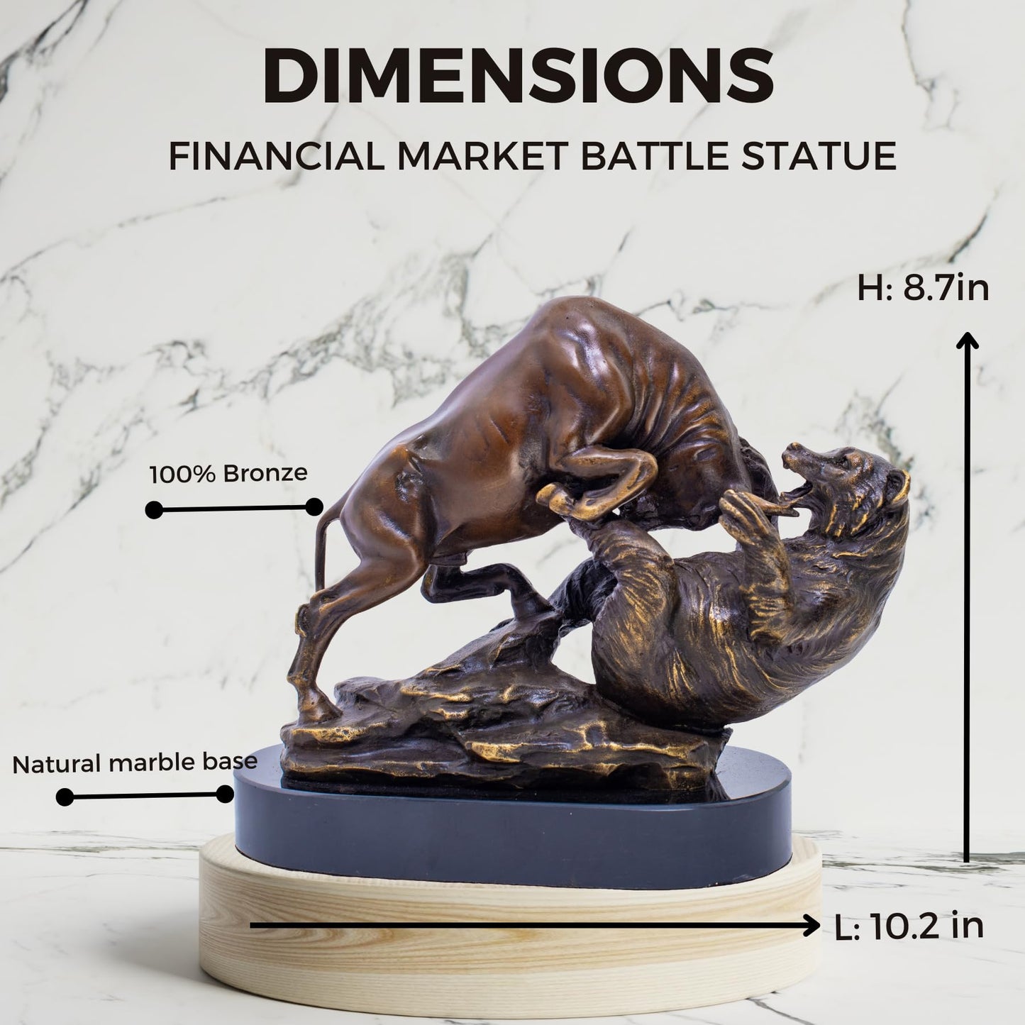 Bronze Wall Street Bull and Bear Statue and Sculpture,Financial Market Battle Statue Brass Charging Bull Gift for Home&Office Decor with Natural Marble Base.
