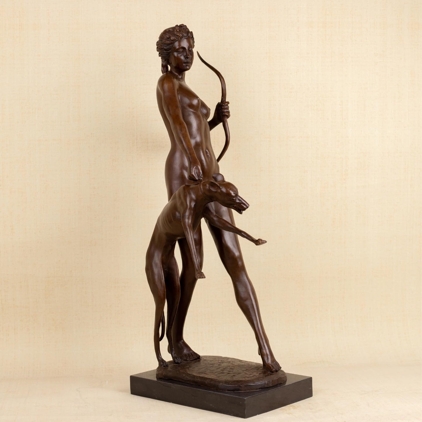 R REALONG Life-Size Diana The Huntress Bronze Sculpture – 31.5'' Roman Goddess Statue with Dog – Lost-Wax Handmade Brown Patina Art for Estate Foyer, Boutique Hotel, Collector Gallery