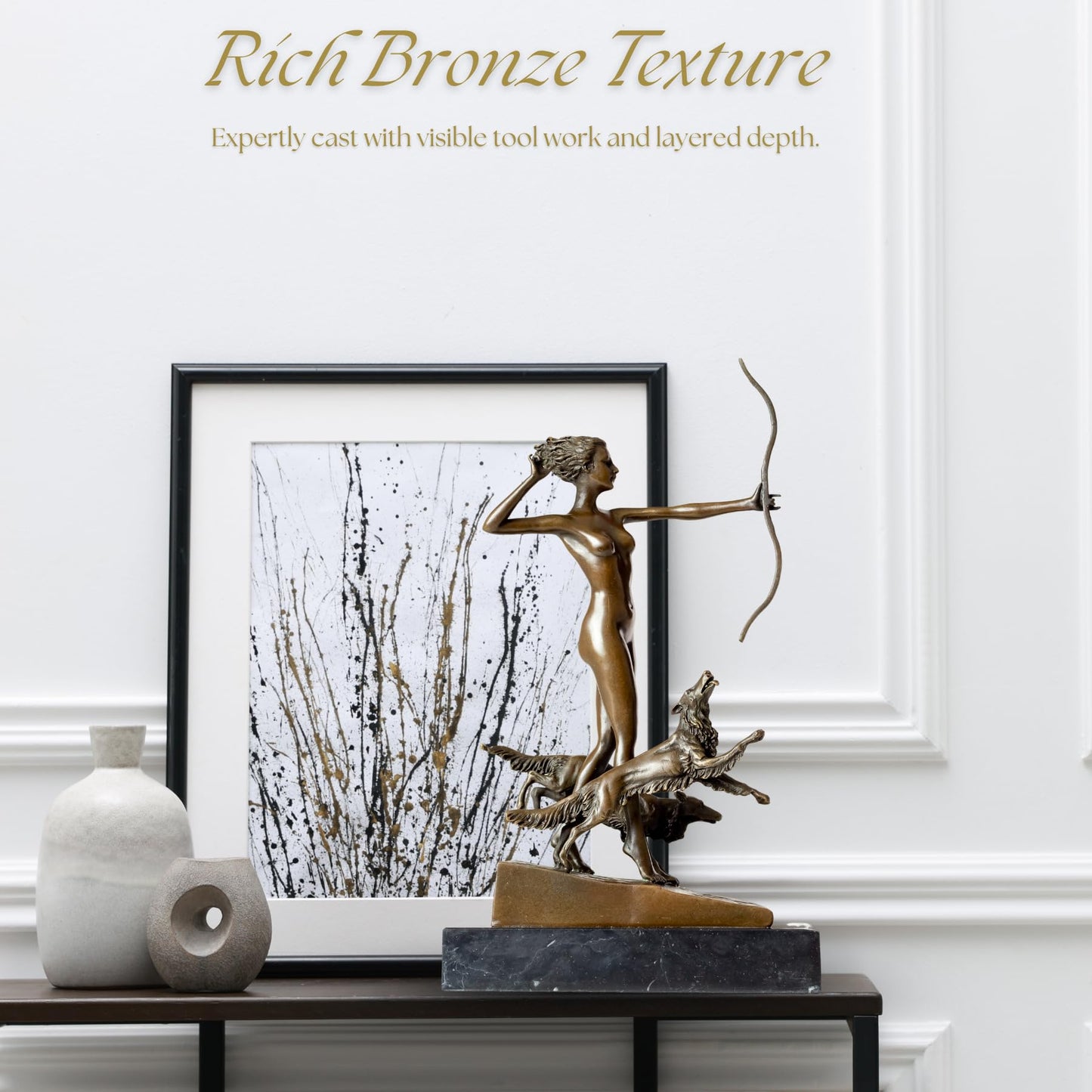 R REALONG Diana The Huntress Bronze Statue – 13'' Mythological Goddess with Hunting Dog on Marble Base – Classic Figurine for Gallery, Study, Bookcase, Luxury Gift