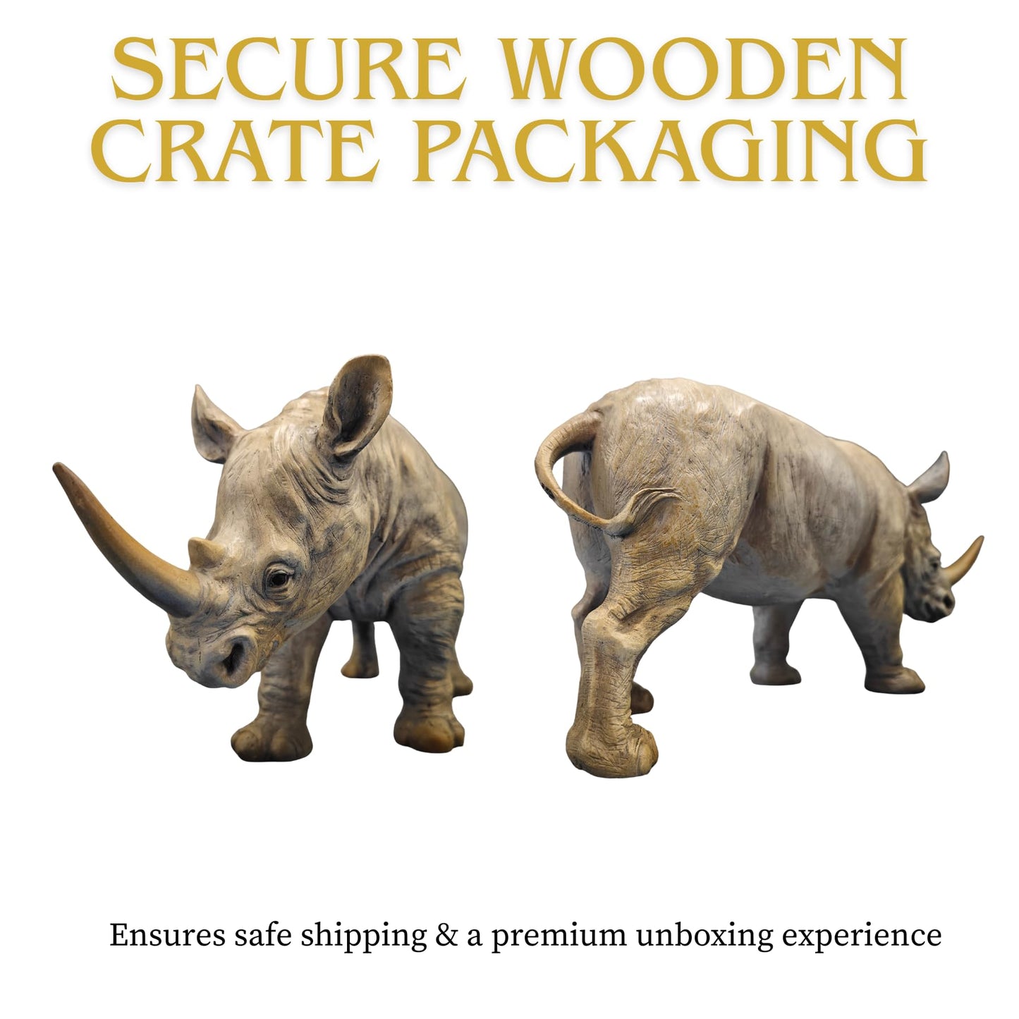 Bronze Rhinoceros Sculpture – 19.7" Realistic Handcrafted Rhino Statue, Solid Lost-Wax Cast Bronze Animal Figurine with Crate Packaging – Wildlife Art Décor for Office, Home, and Collectors