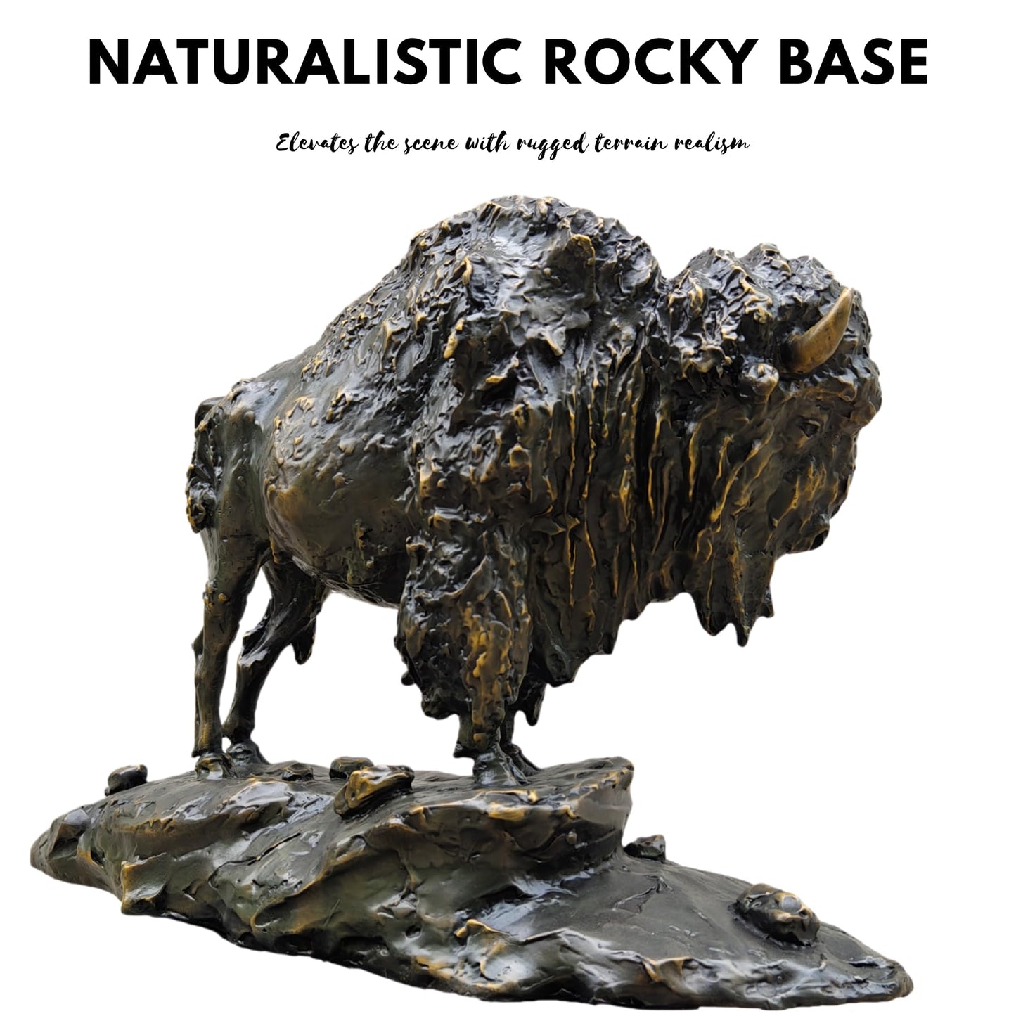Large Bronze Bison on Rocky Base – 24.8'' American Buffalo Statue, Pure Hand-Cast Lost-Wax Bronze Wildlife Sculpture for Lodge, Gallery, or Western Decor