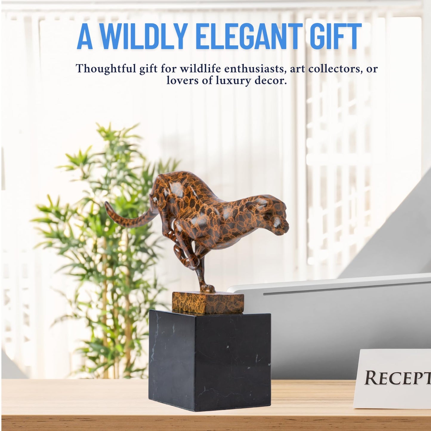 Bronze Cheetah Panther Leopard Statue – 12.6" Running Big Cat Sculpture, Handmade Lost-Wax Cast Animal Figurine for Collectors, Office & Home Decor, Elegant Wildlife Gift
