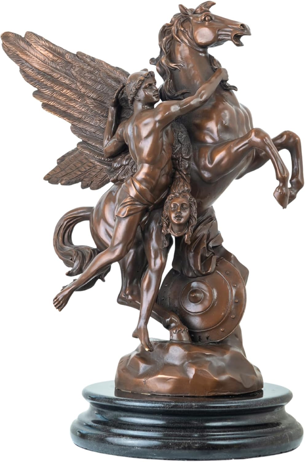 Perseus with The Head of Medusa and Pegasus Bronze Sculpture – Handmade Lost Wax Cast Mythological Art Statue on Natural Marble Base, 21.6" Classical Greek Hero Figurine