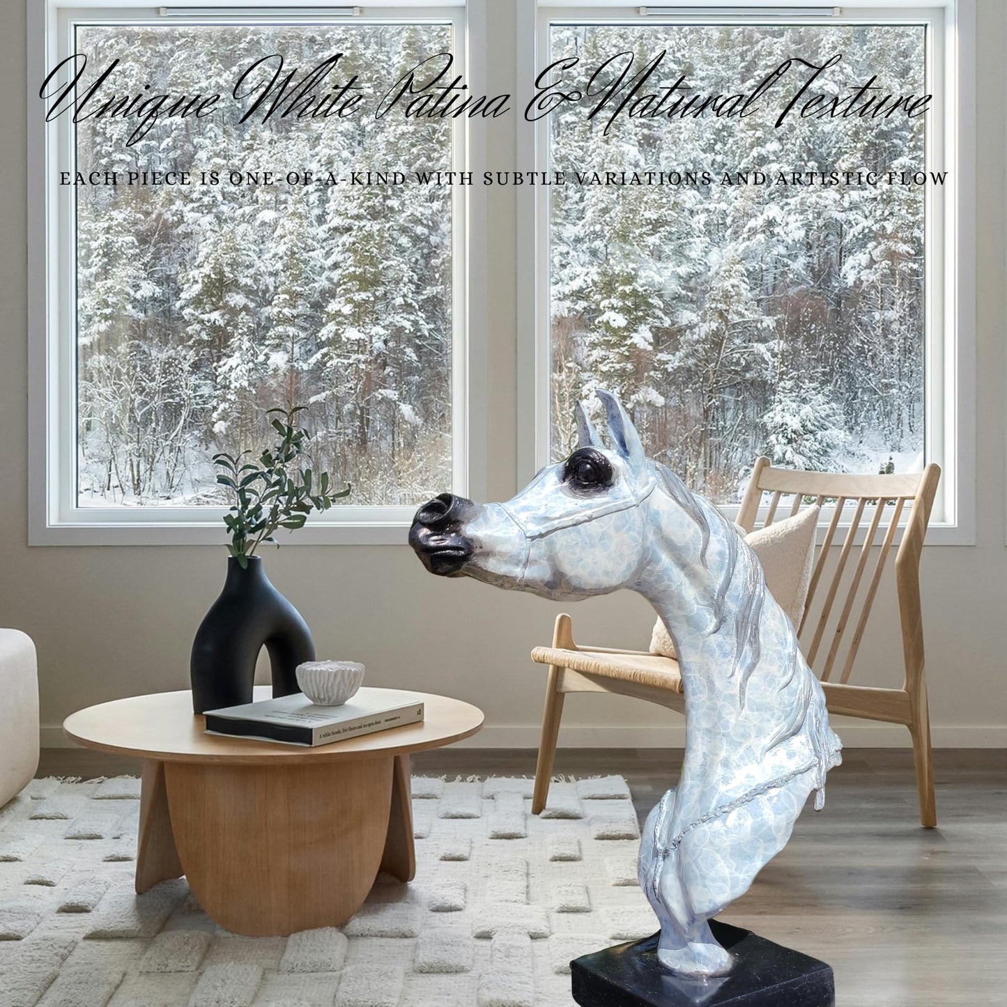 15 in White Bronze Arabian Horse Head Sculpture – Handmade Patina Equestrian Art Bust with Unique Texture , Pure Bronze Horse Statue for Luxury Decor, Gallery & Collectors