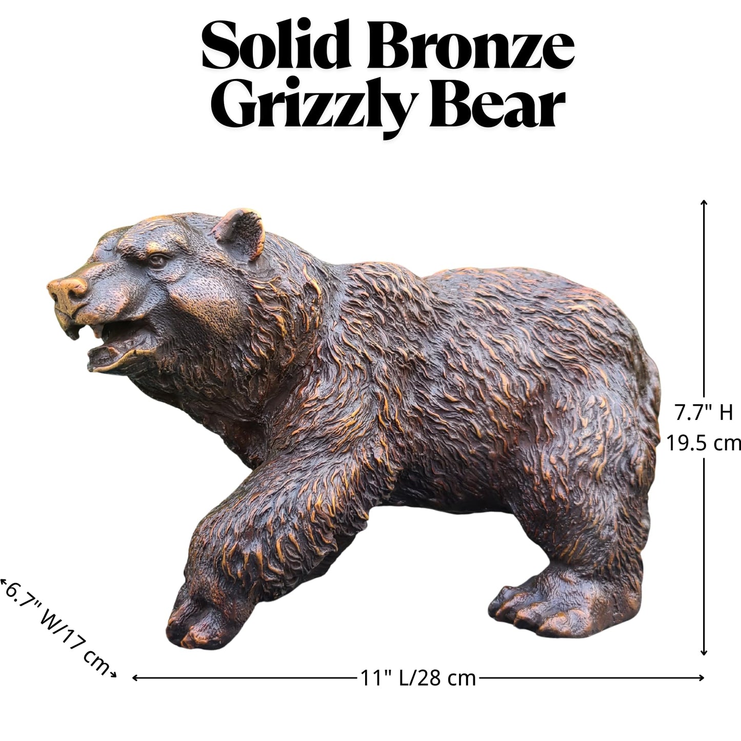 Bronze Grizzly Bear Walking Statue – 11" Pure Bronze Wildlife Sculpture, Handmade Lost-Wax Casting Bear Figurine for Rustic Home Decor, Lodge, Office, or Collector Gift