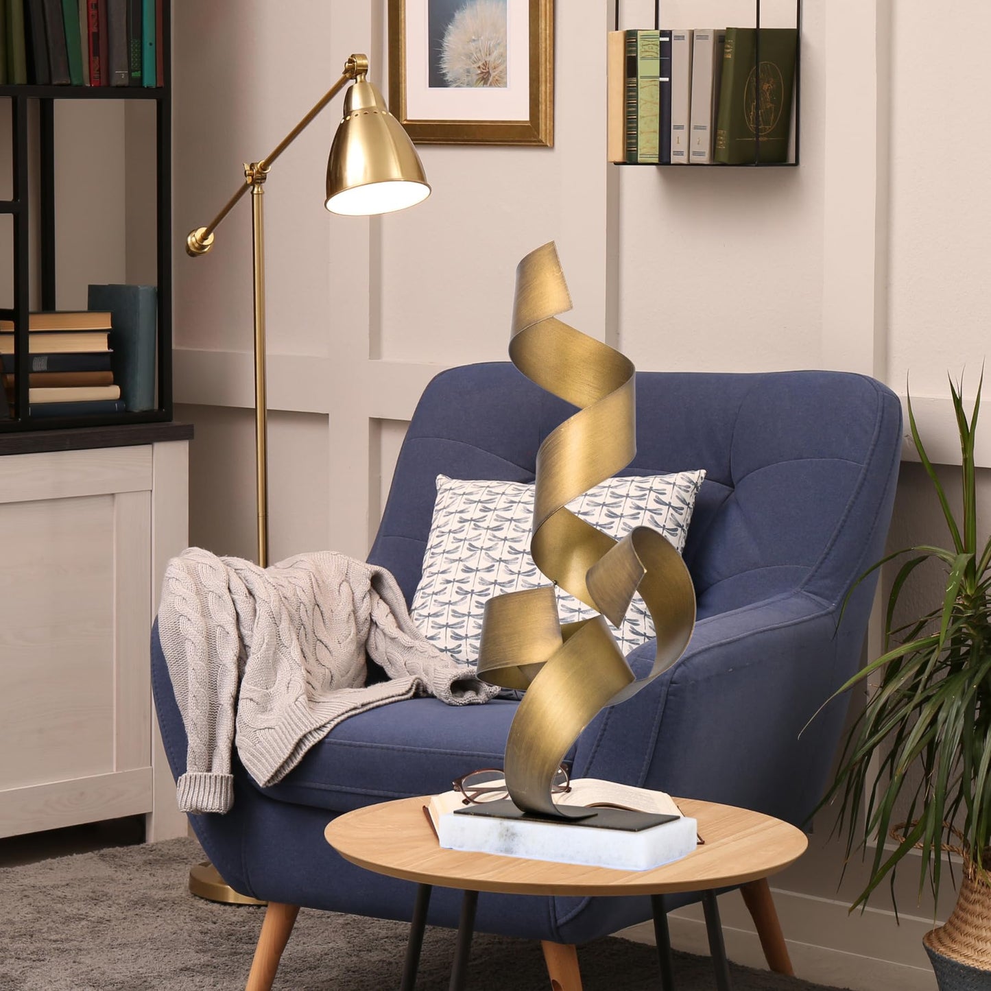 Realong Golden Metal Art Sculpture with Marble Base, 19'' Abstract Geometric Table Decor Statue Modern Collectible Figurine Home Hotel Office Gold Iron Art Sculpture Ornament