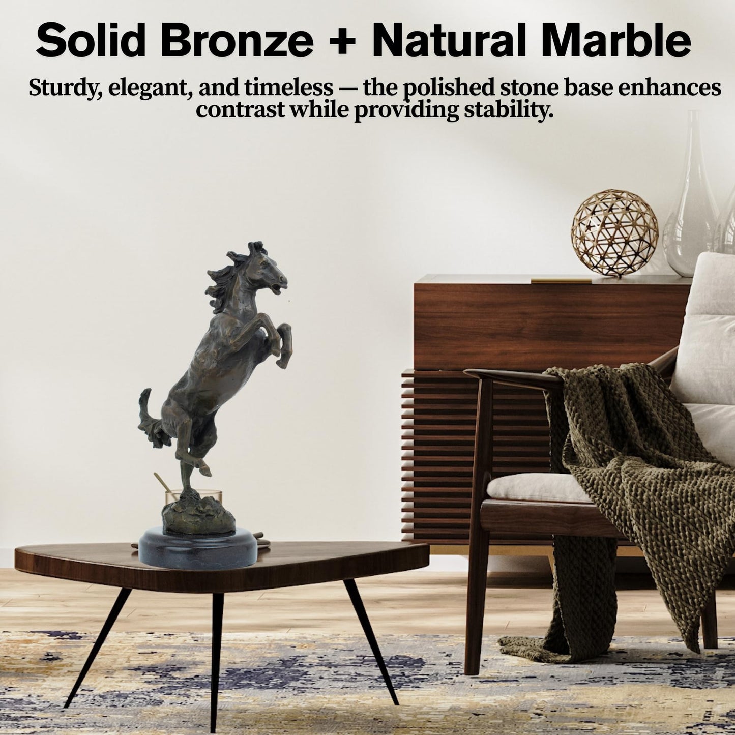 Bronze Rearing Horse Sculpture – 12.6" Handmade Solid Bronze Stallion Statue with Natural Marble Base – Lost-Wax Cast Equestrian Decor & Gift for Home, Office, or Art Collectors