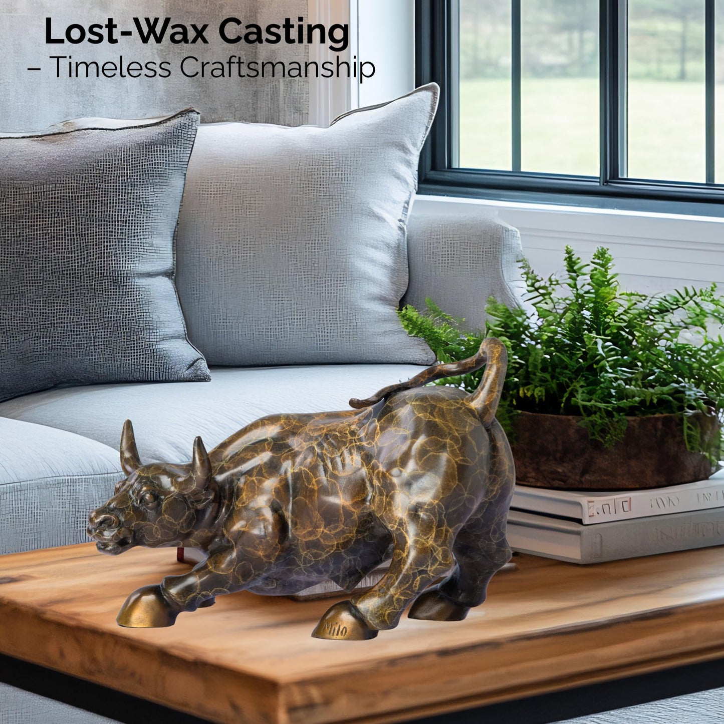 Wall Street Bull Bronze Statue – 11" Charging Bull Sculpture with Unique Crackle Pattern, Solid Brass Ox Figurine, Symbol of Wealth & Prosperity, Office Desk Decor & Business Gift