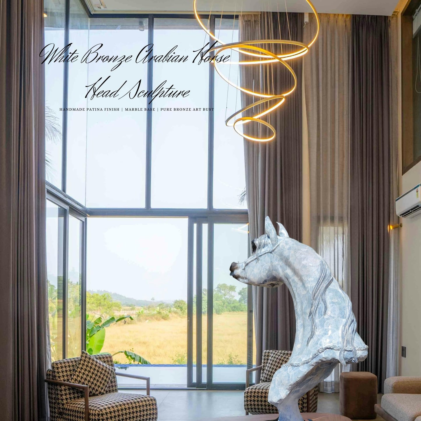 15 in White Bronze Arabian Horse Head Sculpture – Handmade Patina Equestrian Art Bust with Unique Texture , Pure Bronze Horse Statue for Luxury Decor, Gallery & Collectors