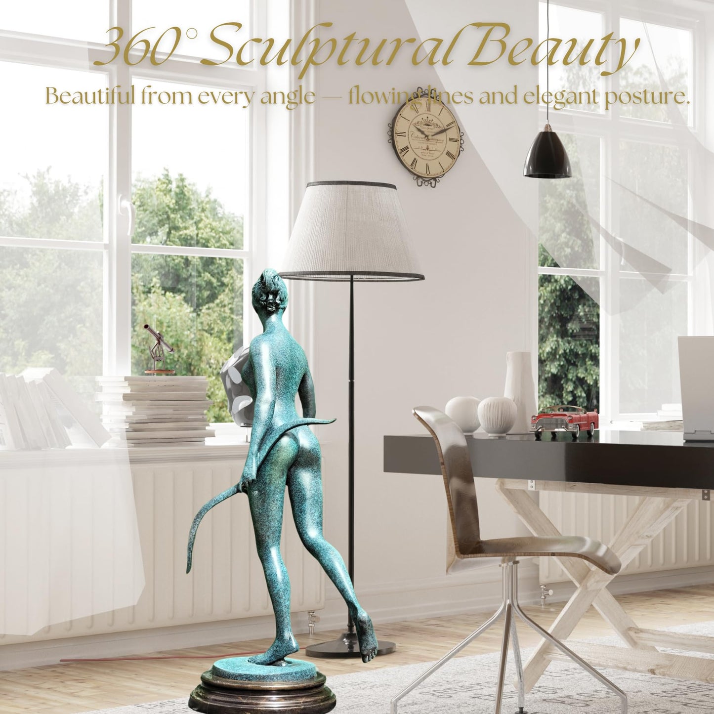 R REALONG Artemis Drawing Bow Bronze Statue – 28.7'' Blue-Green Verdigris Patina Greek Goddess of The Hunt Sculpture – Unique Female Archer Art for Gallery, Studio, Mythology Decor