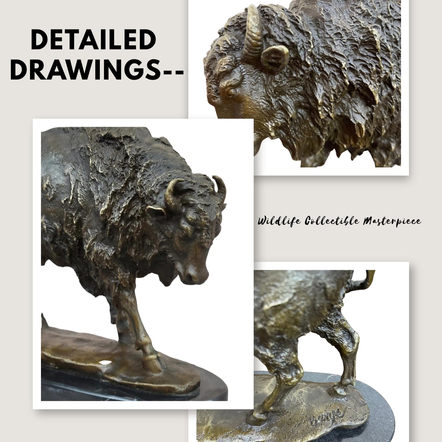 Bronze Bison Sculpture Signed by Barye – 9.8'' Lost-Wax Cast Buffalo Statue on Marble Base – Handmade Wildlife Art Figurine for Western Decor, Office, Collector Gift