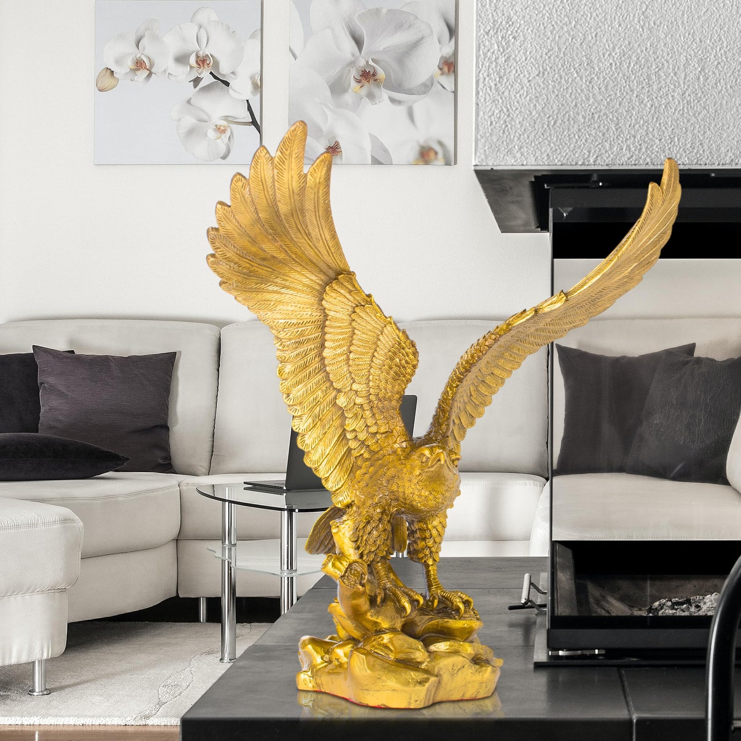 Brass Eagle Spread Wings Statue-Solid Bronze Eagle Sculpture Modern Home Office Art Decor Desktop Decoration. (Gold, 13 * 9 * 15 inches)