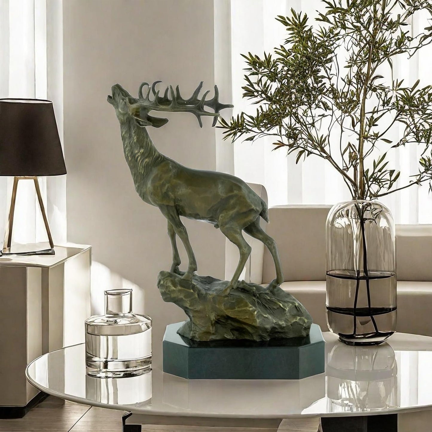 Bronze Deer Sculpture - Majestic Stag with Antlers, 14.2" Brasss Elk&Moose Realistic Design for Home Décor, Art Collections, and Luxury Gifts