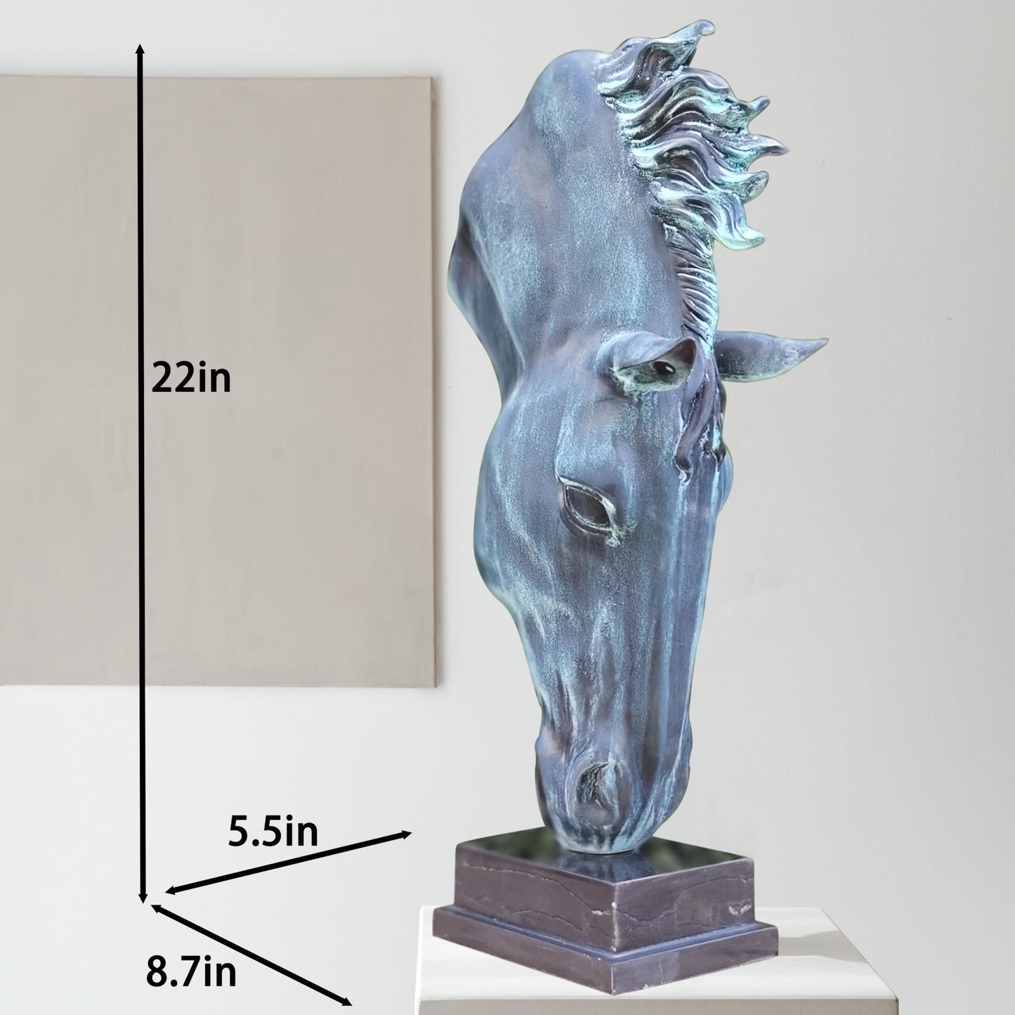 R REALONG 22" Bronze Horse Bust Statue, Bronze Horse Head Sculptures, and Horse Bust Art with Natural Marble Base, Large Modern Club Hotel, Home and Office Decor