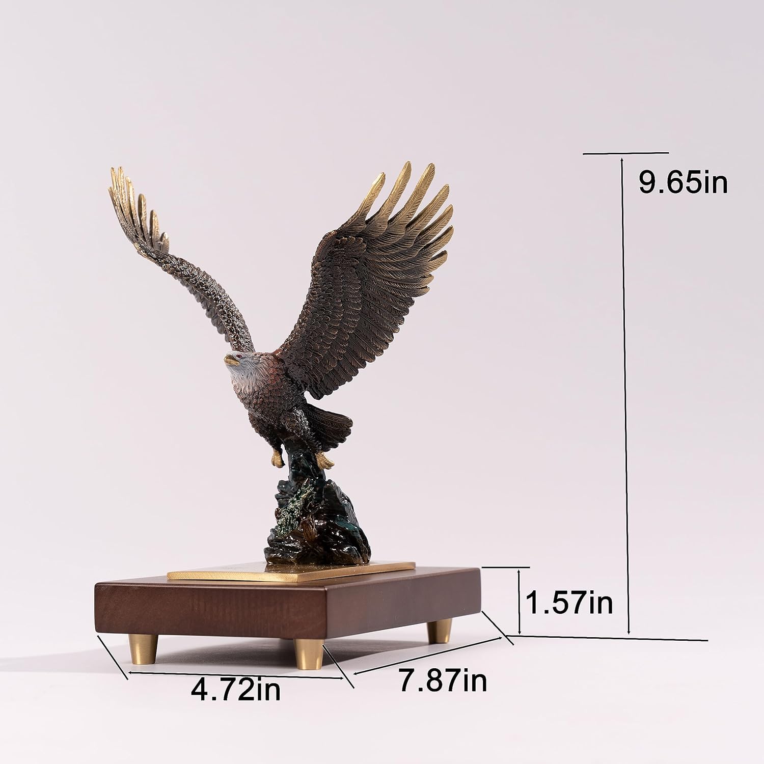Bald Eagle Flying on Wings Over Rock Sculpture, Bronze Material Eagle Sculpture with Natural Wood Base, Patriot Statue Bronze Art Figurine Suitable for Office, Den Decoration