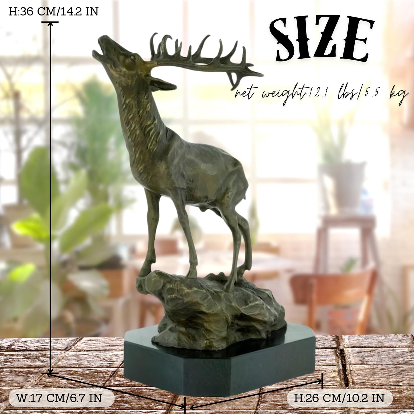 Bronze Deer Sculpture - Majestic Stag with Antlers, 14.2" Brasss Elk&Moose Realistic Design for Home Décor, Art Collections, and Luxury Gifts
