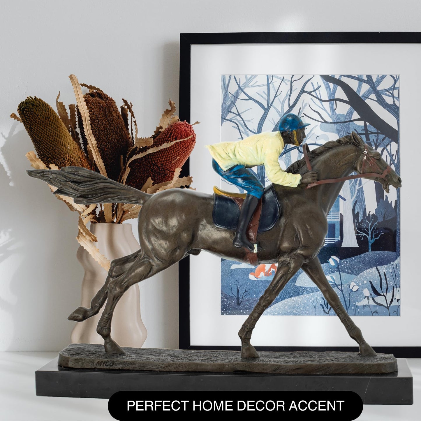 R REALONG Jockey Riding Horse Bronze Statue - Hand-Painted Equestrian Art Sculpture, Perfect for Horse Racing Enthusiasts and Home Decor, RL-TD403-3948