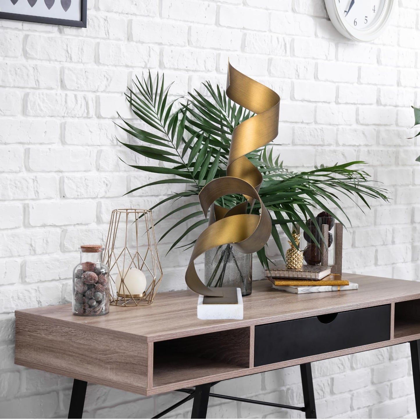 Realong Golden Metal Art Sculpture with Marble Base, 19'' Abstract Geometric Table Decor Statue Modern Collectible Figurine Home Hotel Office Gold Iron Art Sculpture Ornament