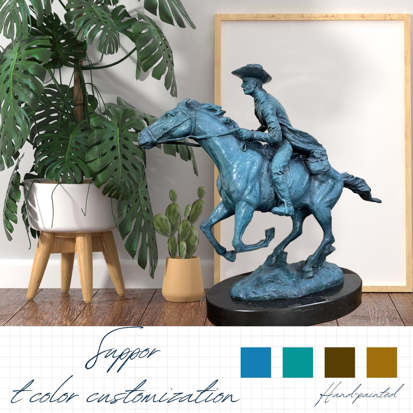 R REALONG Famous Western Sculpture-Bronze Horse Statue Western Cowboy Horse Rodeo Rider with Marble Base Collectible Figurines Office Home Decor Art Bronze Sculptures