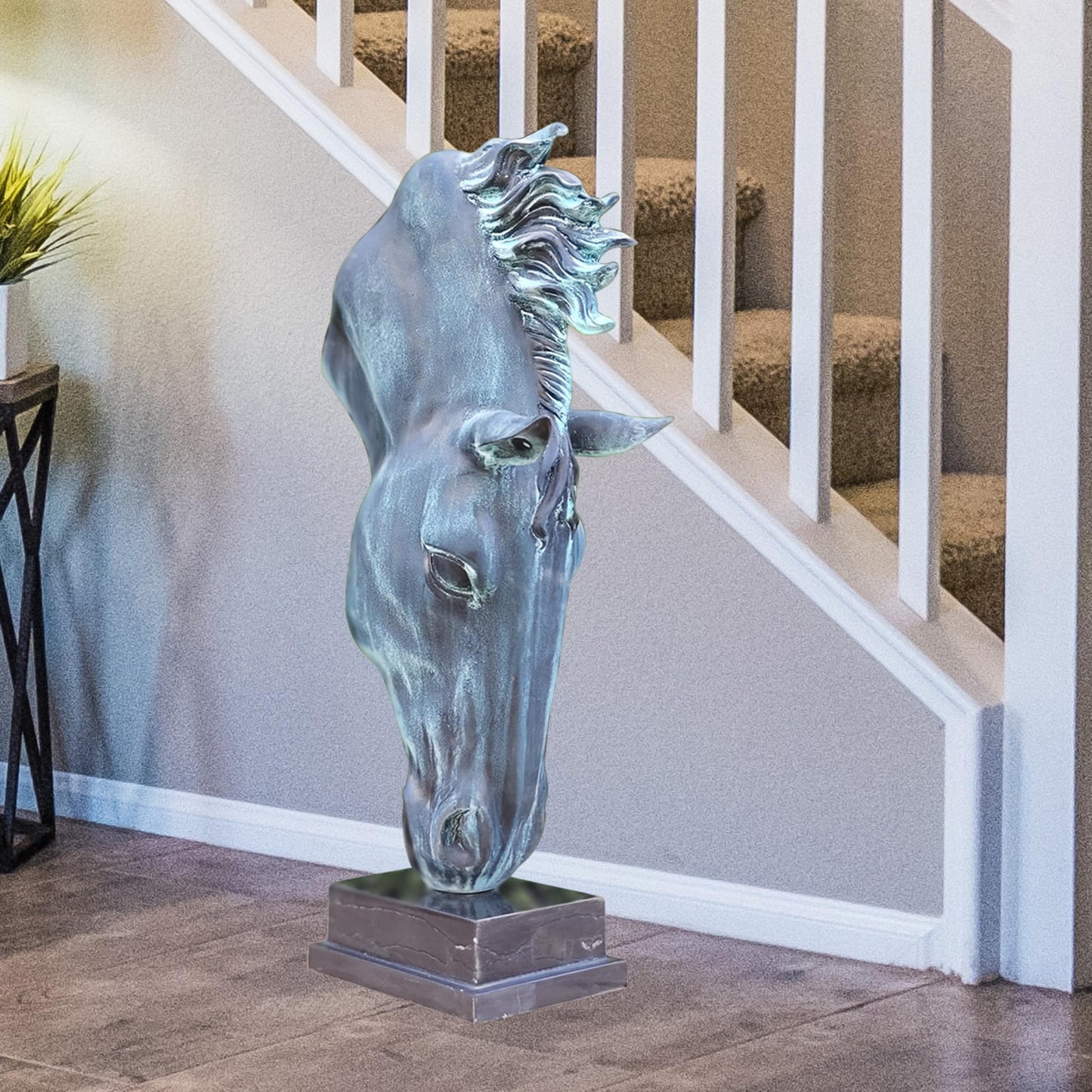 R REALONG 22" Bronze Horse Bust Statue, Bronze Horse Head Sculptures, and Horse Bust Art with Natural Marble Base, Large Modern Club Hotel, Home and Office Decor