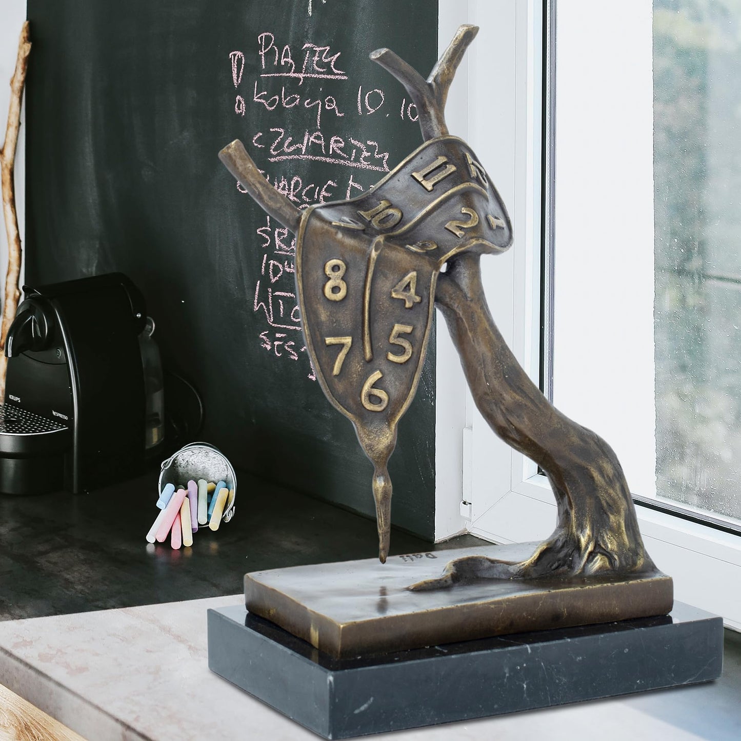 Bronze "Melting Clock" Sculpture on Natural Marble Base – Inspired by Salvador Dalí's Masterpiece "The Persistence of Memory" – Surrealist Art (7.9 x 5.1 x 11.8 inches) for Home Décor & Collectors