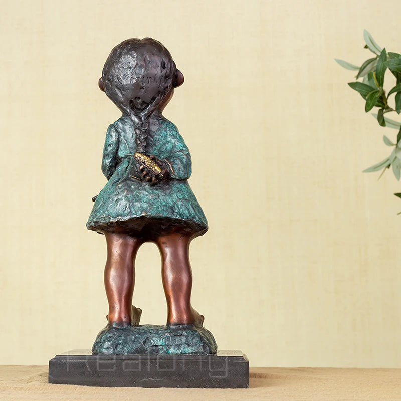 35cm Bronze Children Sculpture Figure Statue Bronze Girl Statues Cute Kids Statue With Marble Base For Home Garden Decor Gifts