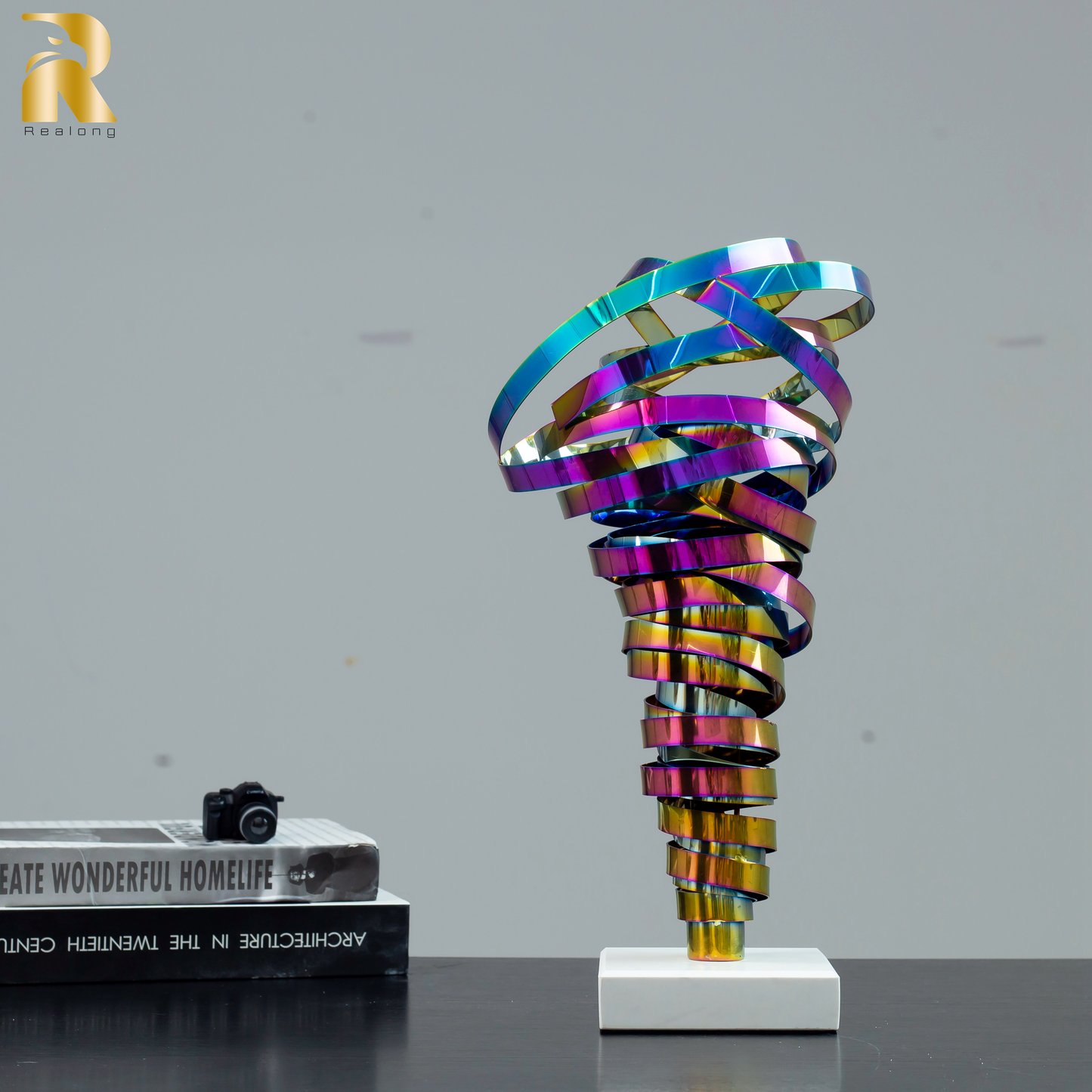 15.7'' Spray-Plated Colored Stainless Steel Abstract Sculpture Metal Swirl Modern Sculpture Table & Desk Office Decor